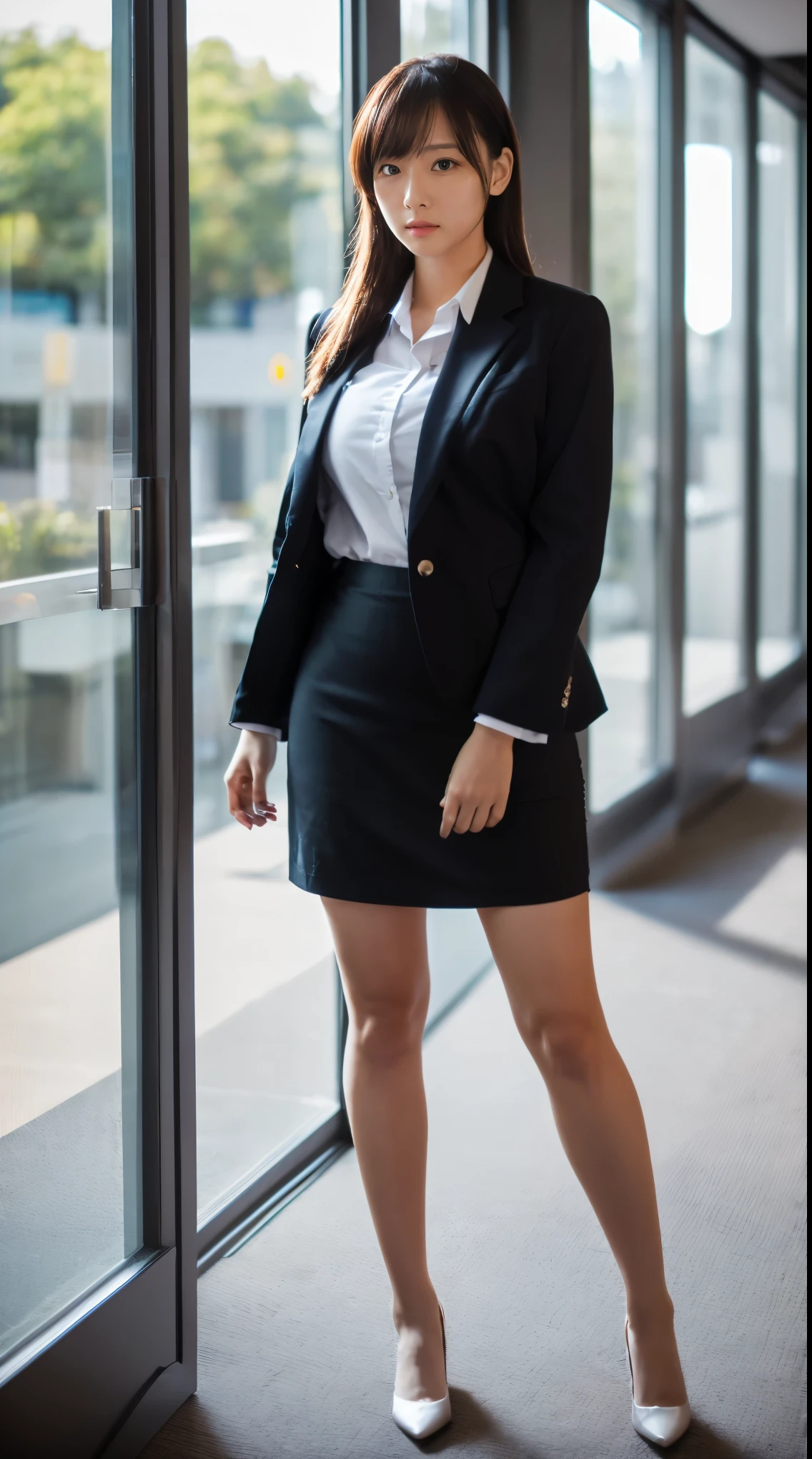 (masutepiece,High quality:1.3),(depth of fields:1.3) ,((front body:1.35)), Japanese ,woman, (Women's business black suits black midi skirt ,White collared shirt:1.2),Huge breasts,(Looking at Viewer:1.3),(full body:1.2),(Hands on hips:1.2) Inside the office by the window