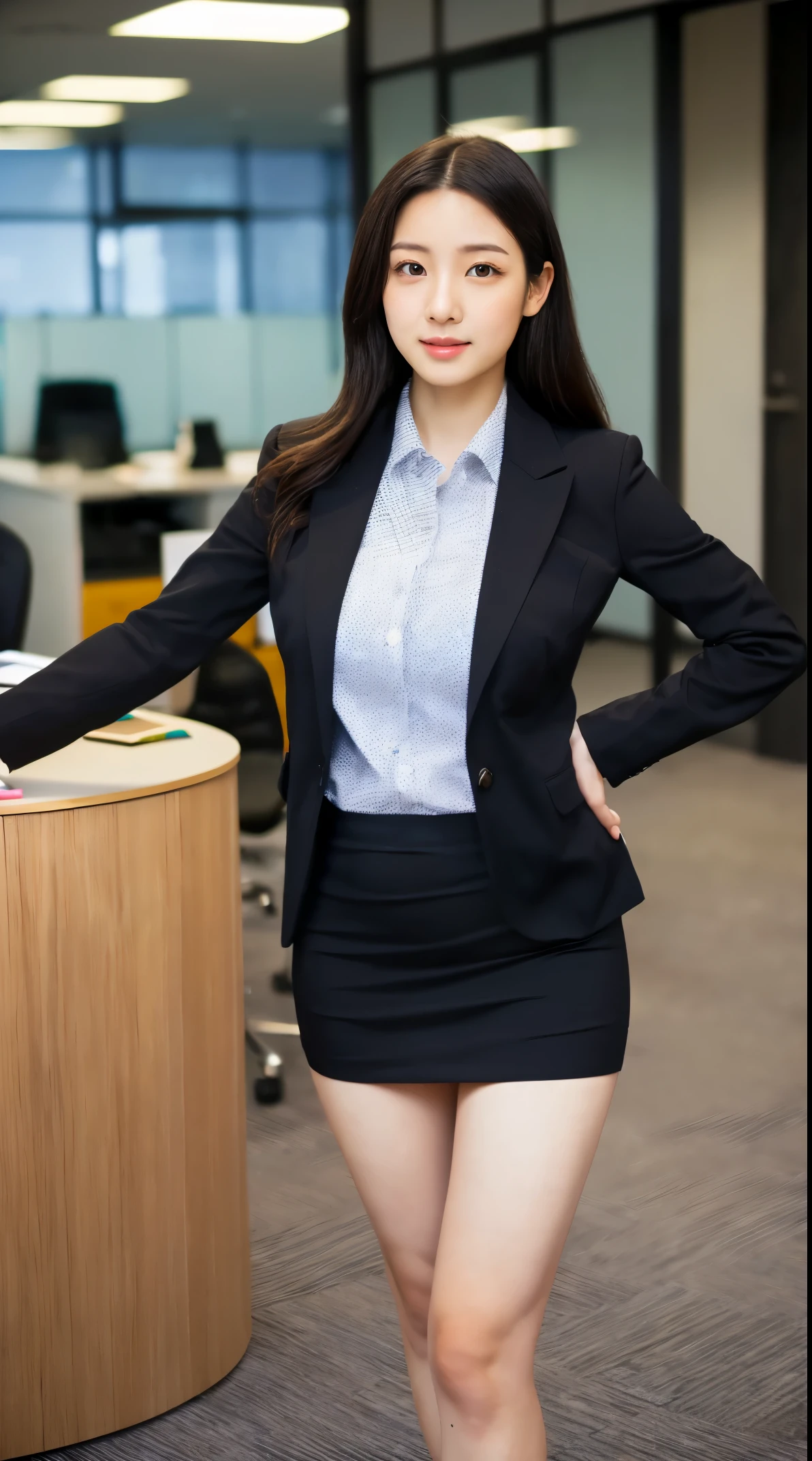 (masutepiece,High quality:1.3),(depth of fields:1.3) ,((front body:1.35)),  Japanese ,woman, (Women's business black suits black midi skirt ,White collared shirt:1.2),Huge breasts,(Looking at Viewer:1.3),(full body:1.2),(Hands on hips:1.2) Inside the office by the window
