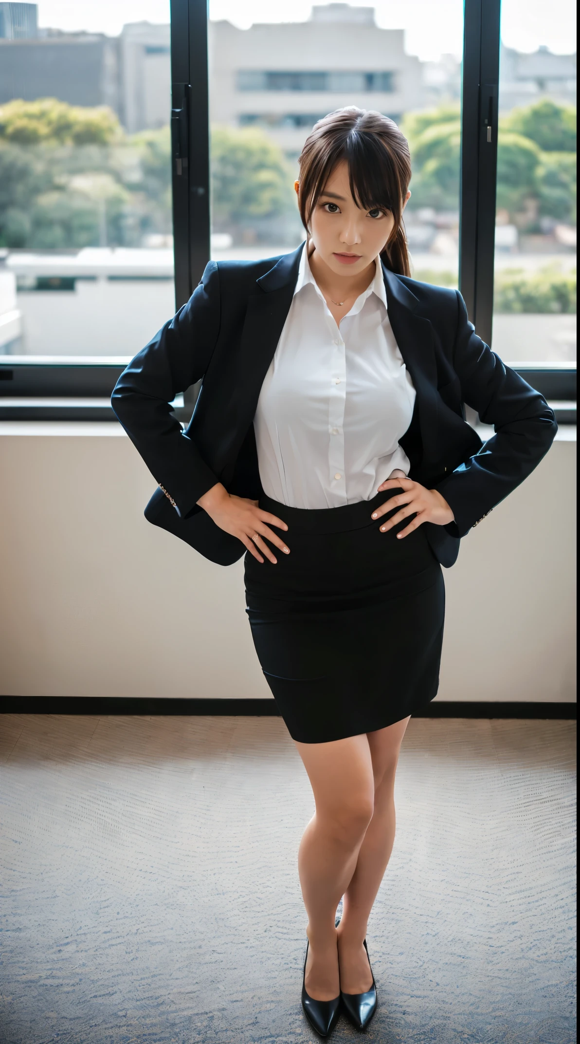 (masutepiece,High quality:1.3),(depth of fields:1.3) ,((front body:1.35)),  Japanese ,woman, (Women's business black suits black midi skirt ,White collared shirt:1.2),Huge breasts,(Looking at Viewer:1.3),(full body:1.2),(Hands on hips:1.2) Inside the office by the window