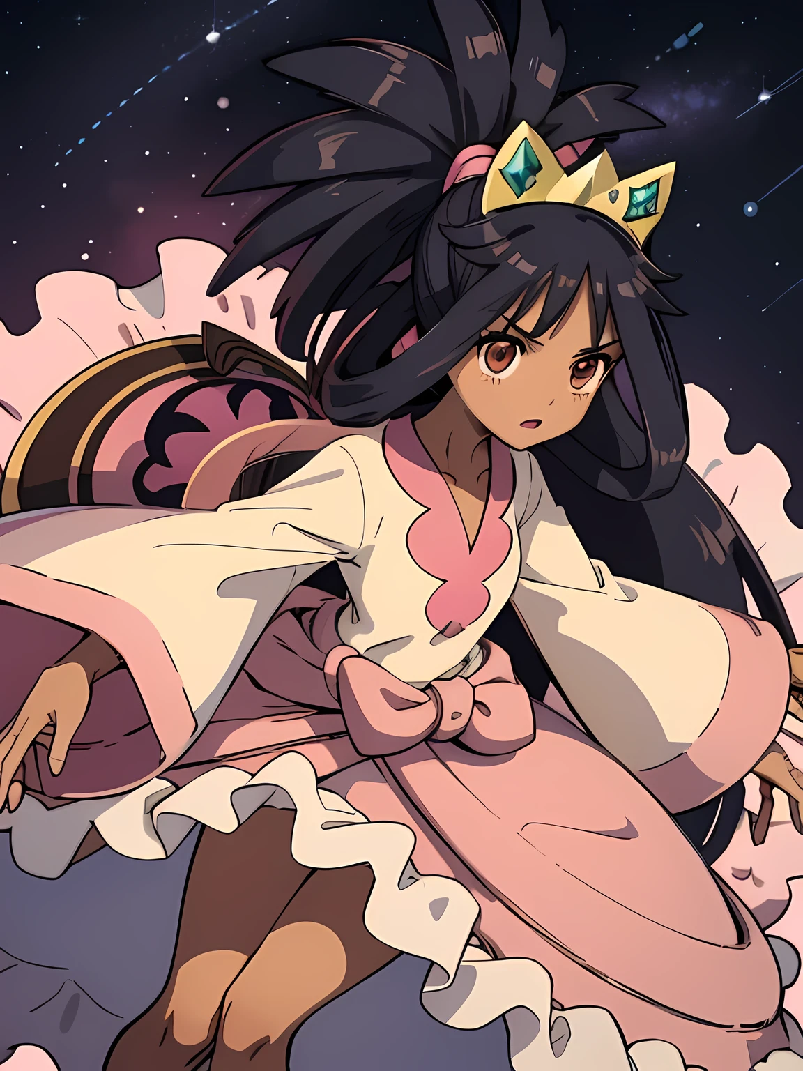 bbiris,tiara,brown eyes,very long hair,ponytail,hair rings,bangs,dark skin,hagoromo,dress,pink dress,shirt,long sleeves,wide sleeves,waist bow,pink skirt,sandals