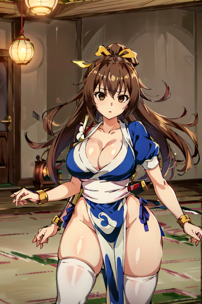 (masutepiece, Best Quality:1.3)
Kasumi, 1girl in, Solo, Long hair, breasts, Looking at Viewer, Bangs, Large breasts, Brown hair, thighs thighs thighs thighs, Dress, bow ribbon, cleavage, Brown eyes, medium breasts, Underwear, Standing, Panties, Hair Ribbon, braid, Short sleeves, Cowboy Shot, komono, Puffy sleeves, white thighhig, Puffy Short Sleeves, Lips, sash, pelvis curtain, Yellow Ribbon, Realistic, Nose, arm guards, (Inside the execution ground:1.3),hypnoLora,
empty eyes