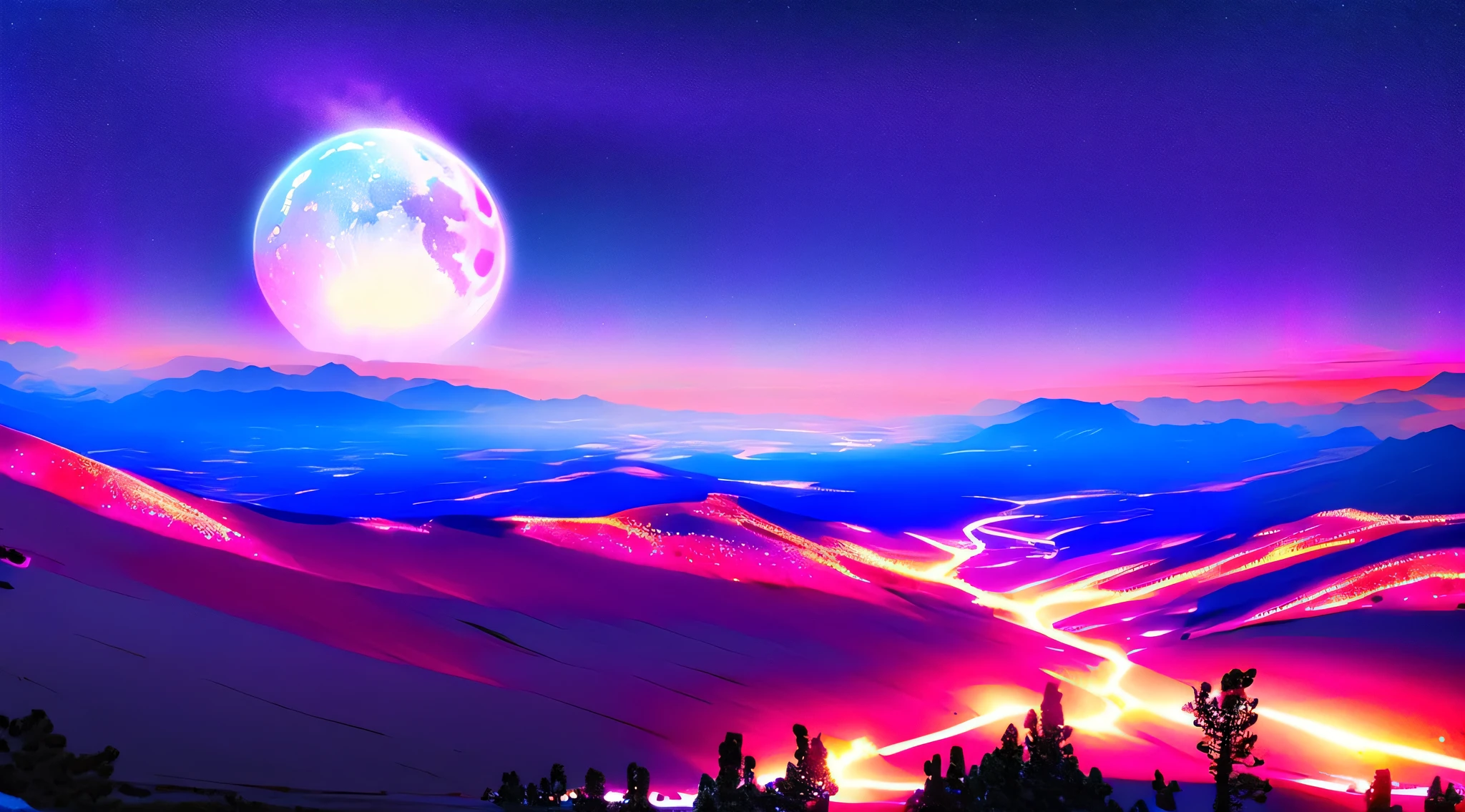 Red, purple and blue gradient northern lights，snow mountains,natta，starrysky，butterflys