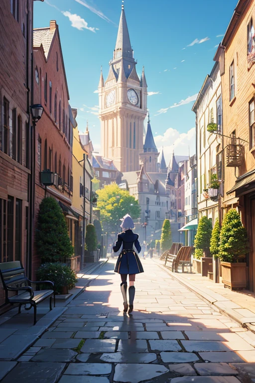 (A cartoon character standing on a brick-paved sidewalk surrounded by benches) [anime], (still from the anime movie about Violet Evergarden), (screenshot from the anime 'Fire Emblem: Three Houses'), (also featuring a screenshot from the anime 'Black Clover'), (with a touch of the fantasy world from an anime), (a scenic view from a popular anime), (TV anime still), (captivating scenery from an anime film) [best quality, ultra-detailed], (vivid colors), (sharp focus), (studio lighting)