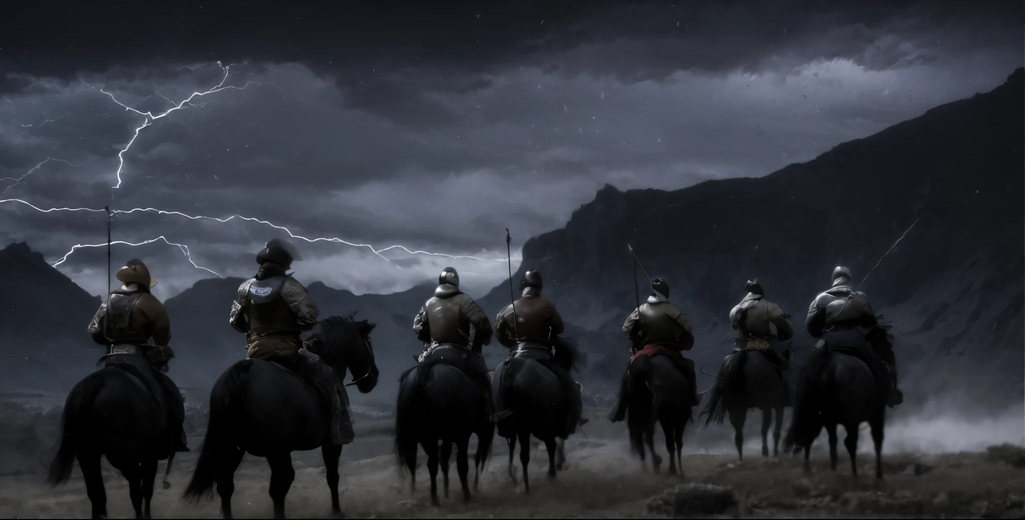 shot from far away, overhead photography, wide wide shot, thunderstorm, A group of businessmen, posterior view, Barren soil, Rochas, rugged, sparse weeds, Monte, 越过Monte丘, rugged Monte, ride horse, medieval times, Accompanied by heavily armed warriors, Black armor, heavy rain poured, overcast day, Yin Hui, overcast day场景, during night