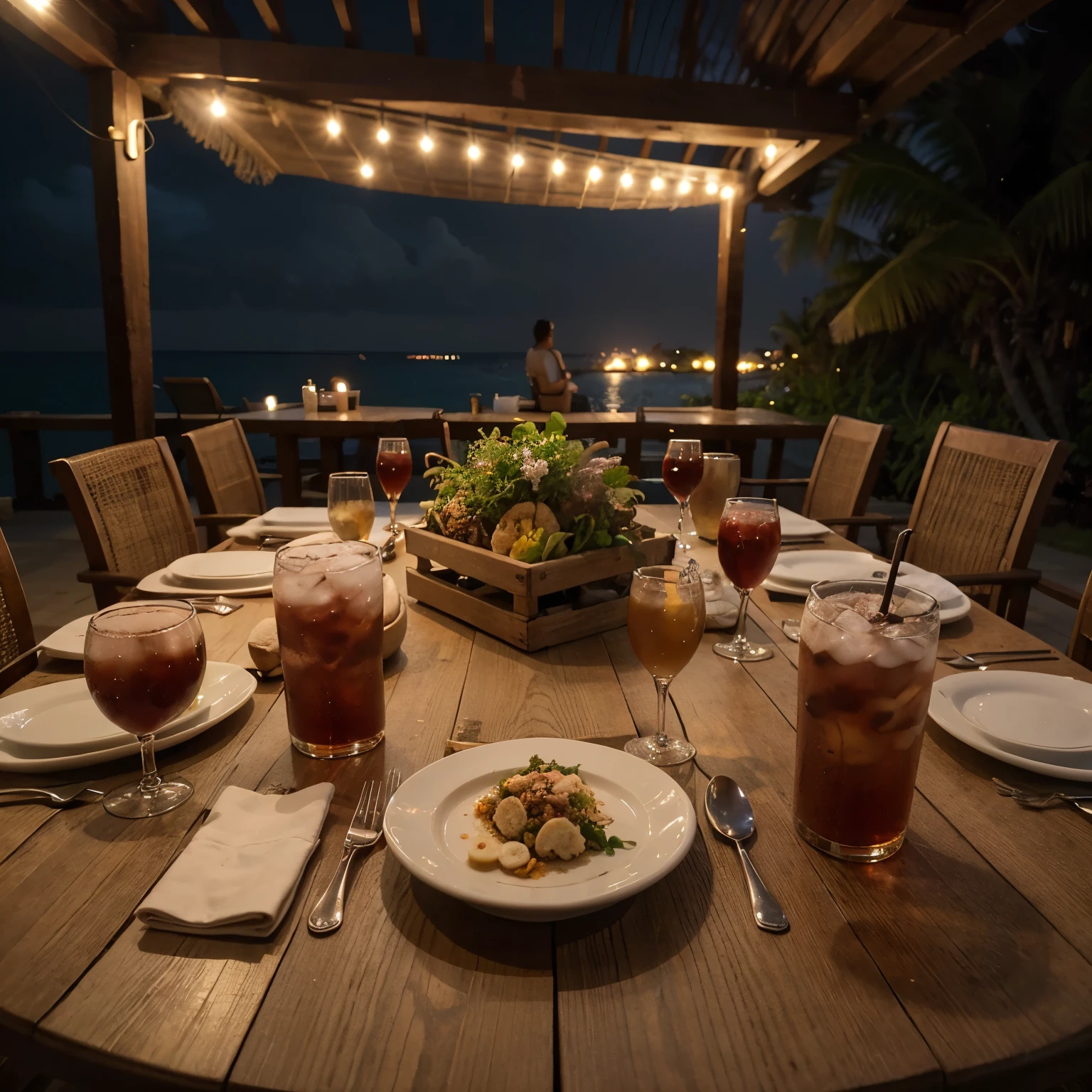 ((best quality)), ((masterpiece)), (detailed),an outside dinner table with foods and drinks in a Maldives hotel ((dinner table)) (((night)))