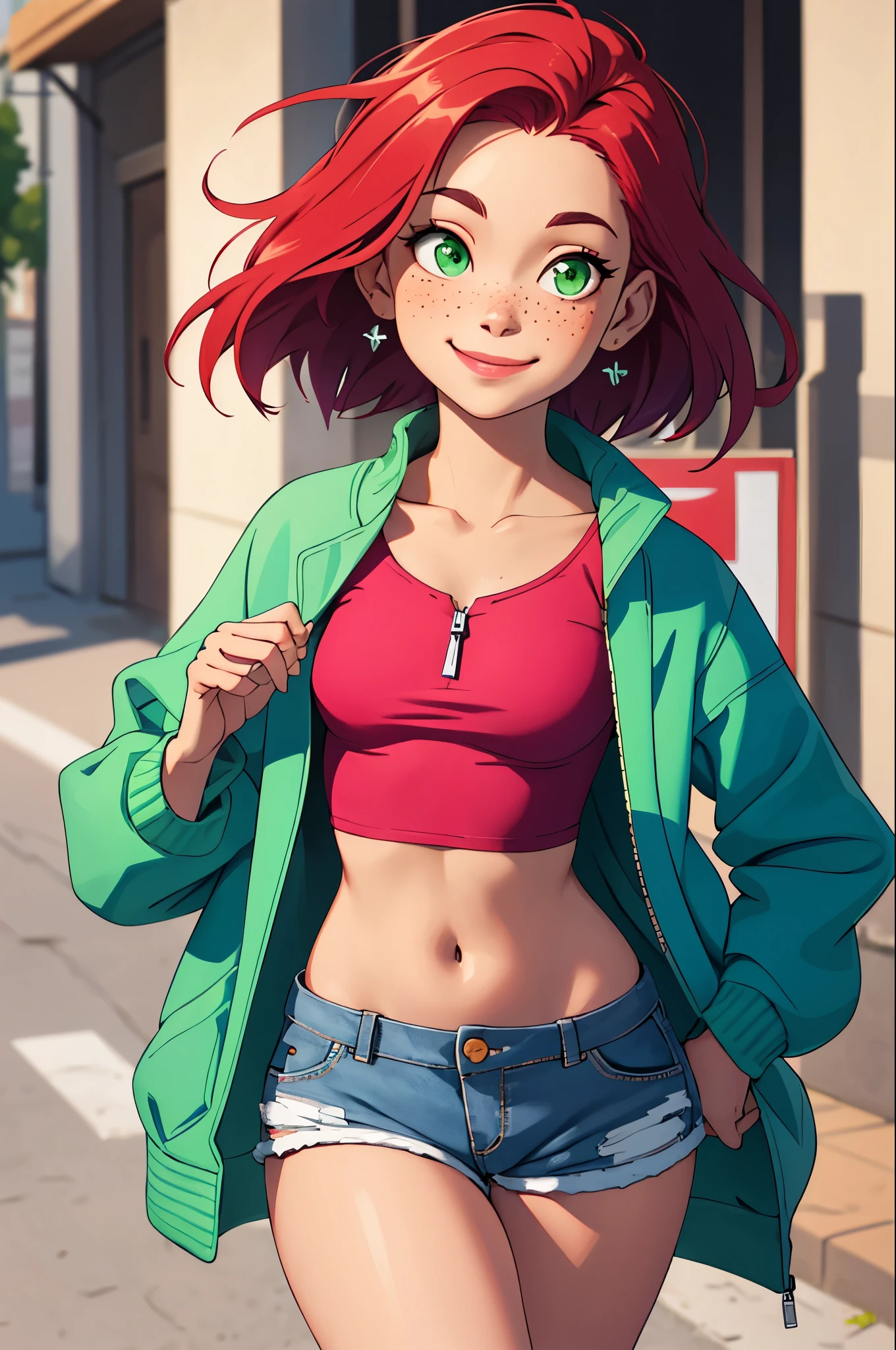 volumetric lighting, best shadows, shallow depth of field, portrait of a stunning girl, small, delicate, attractive face, seductive green eyes, happy smile, closed mouth, lovely medium breasts, (short red hair), freckles, thick eyelashes, open pink pop jacket, white underboob mini t-shirt, open belly button, thin waist, jean shorts, walking on the street, (high quality, amazing details: 1.25), bright colored paintings, open shorts, showing panties, open button, open zipper