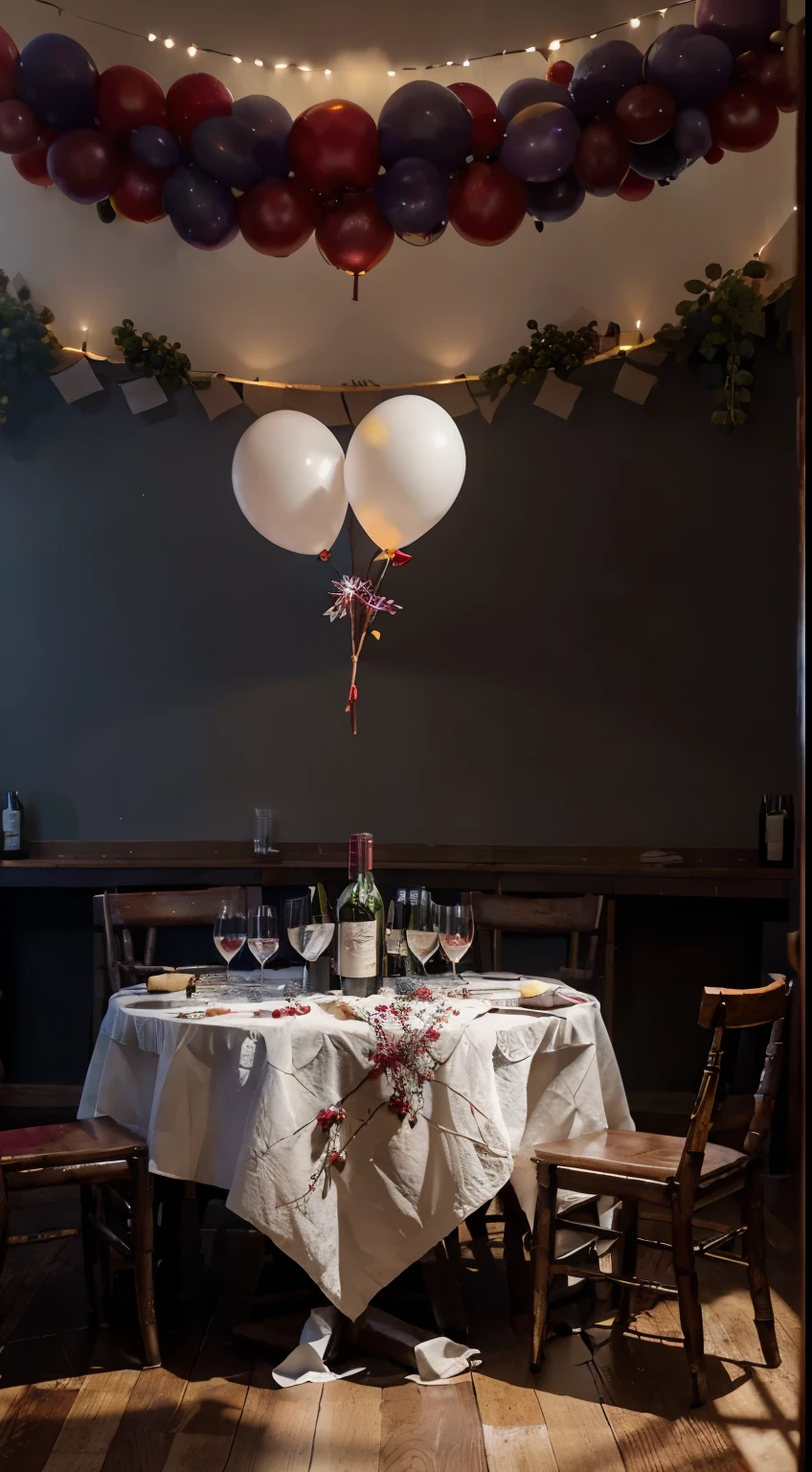 studio, Photography concept for black table, Streamers, Old logs, Several bunches of grapes, Grape leaves, A branch of red plum blossom, centered around a glass of wine, There were a few bottles of wine next to it, Light comes in from the left, Bright environment, New Year atmosphere, White balloons, Blue balloon, Red balloons