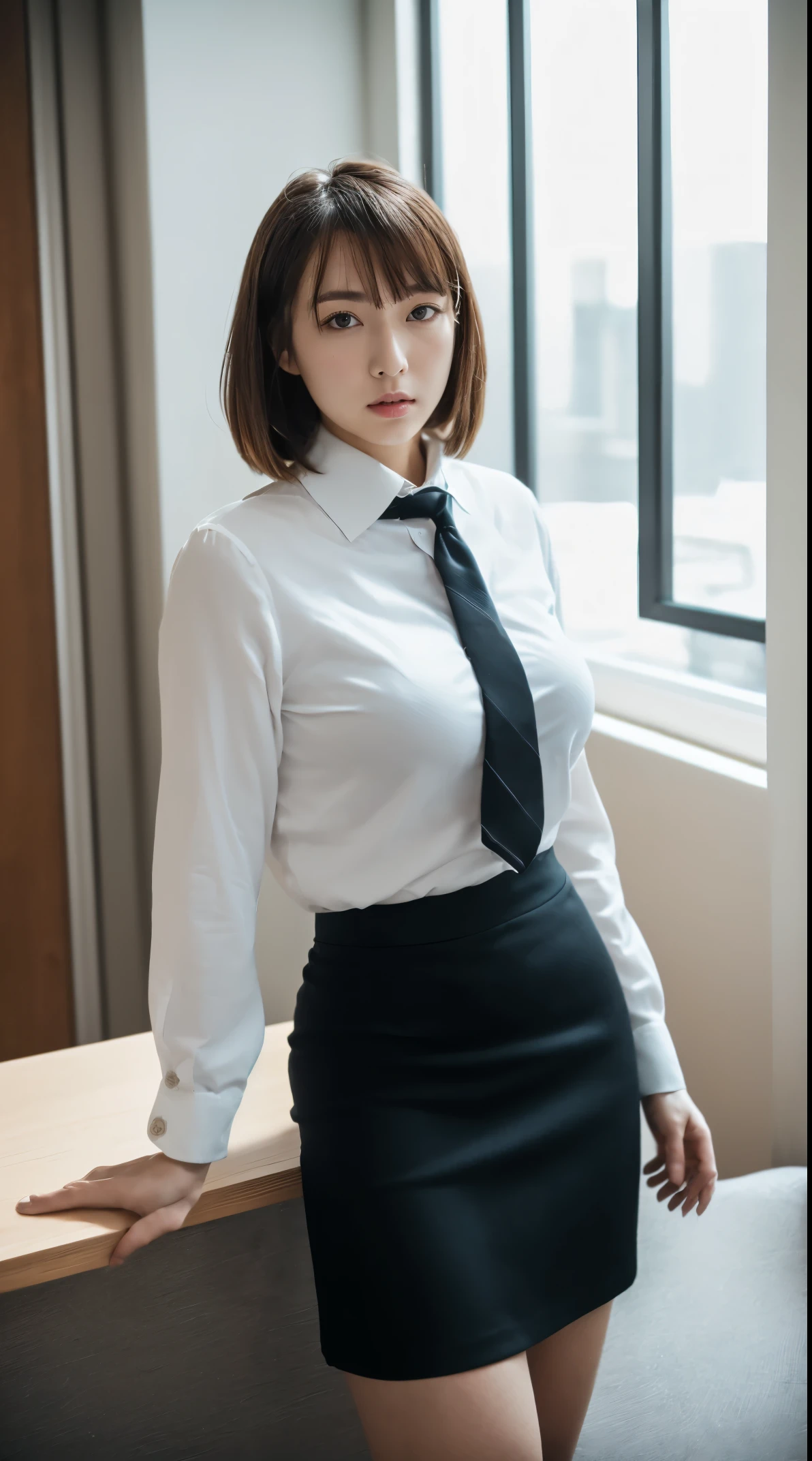 (masutepiece,High quality:1.3),(depth of fields:1.3) ,((front body:1.35)),  Japanese ,woman, (Women's business black suits black midi skirt ,White collared shirt:1.2),Huge breasts,(Looking at Viewer:1.3),(full body:1.2),(Placing hand on knee:1.2) Inside the office by the window
