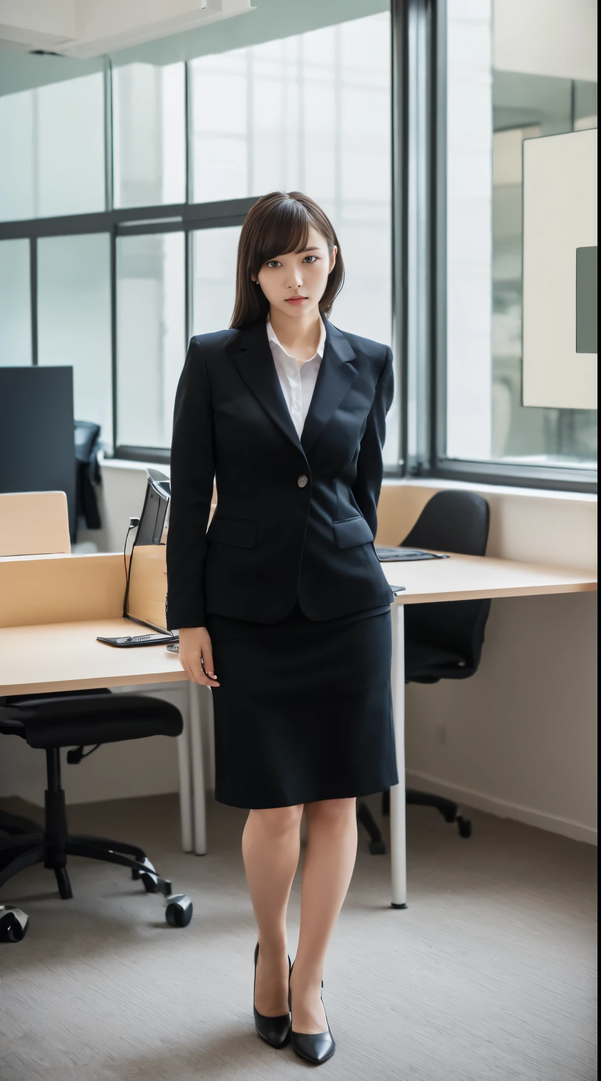 (masutepiece,High quality:1.3),(depth of fields:1.3) ,((front body:1.35)), Japanese ,woman, (Women's business black suits black midi skirt ,White collared shirt:1.2),Huge breasts,(Looking at Viewer:1.3),(full body:1.2),(Placing hand on knee:1.2) Inside the office by the window