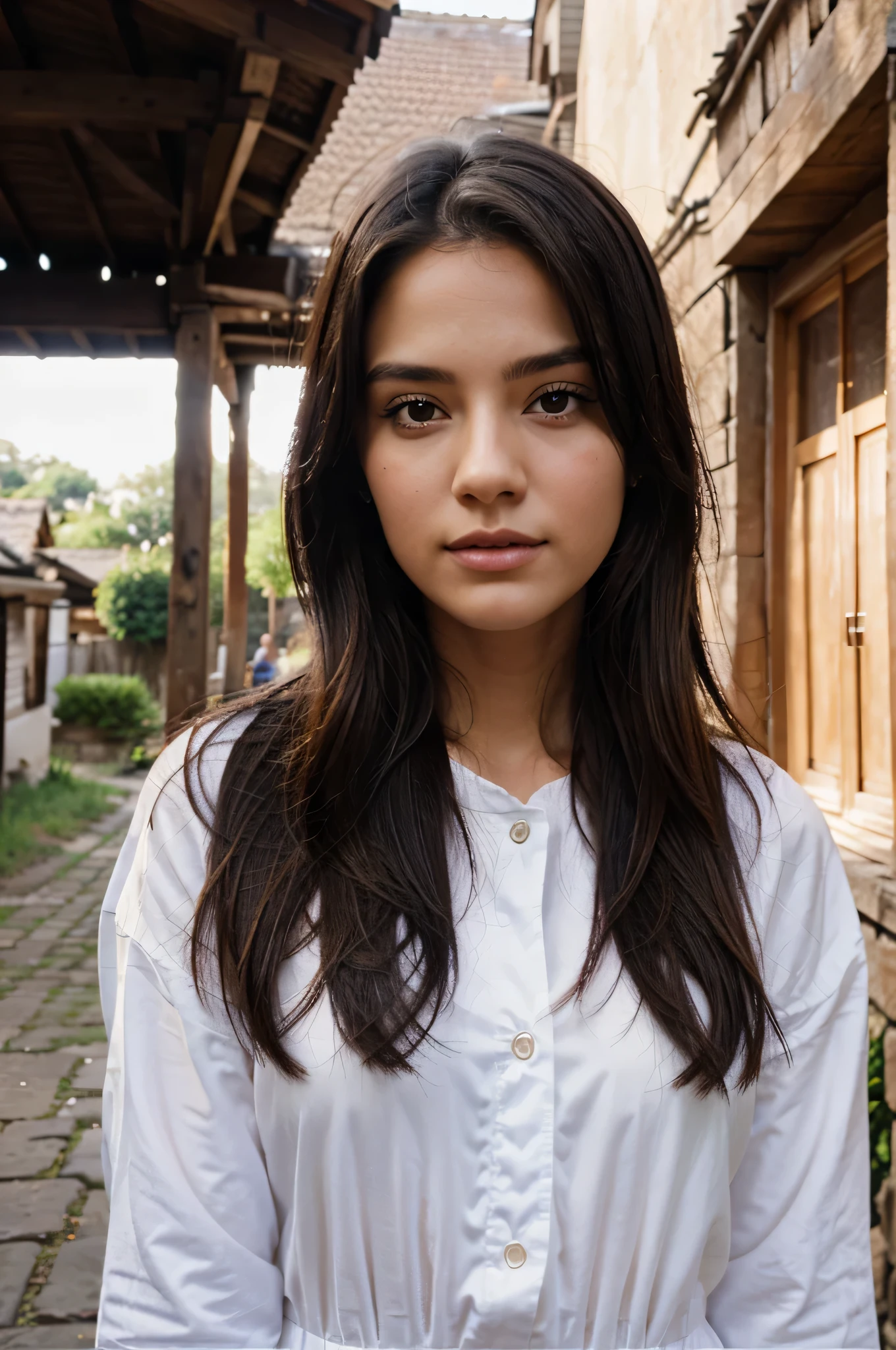 kodak 400 portrait of a female model in a village; hyper realistic