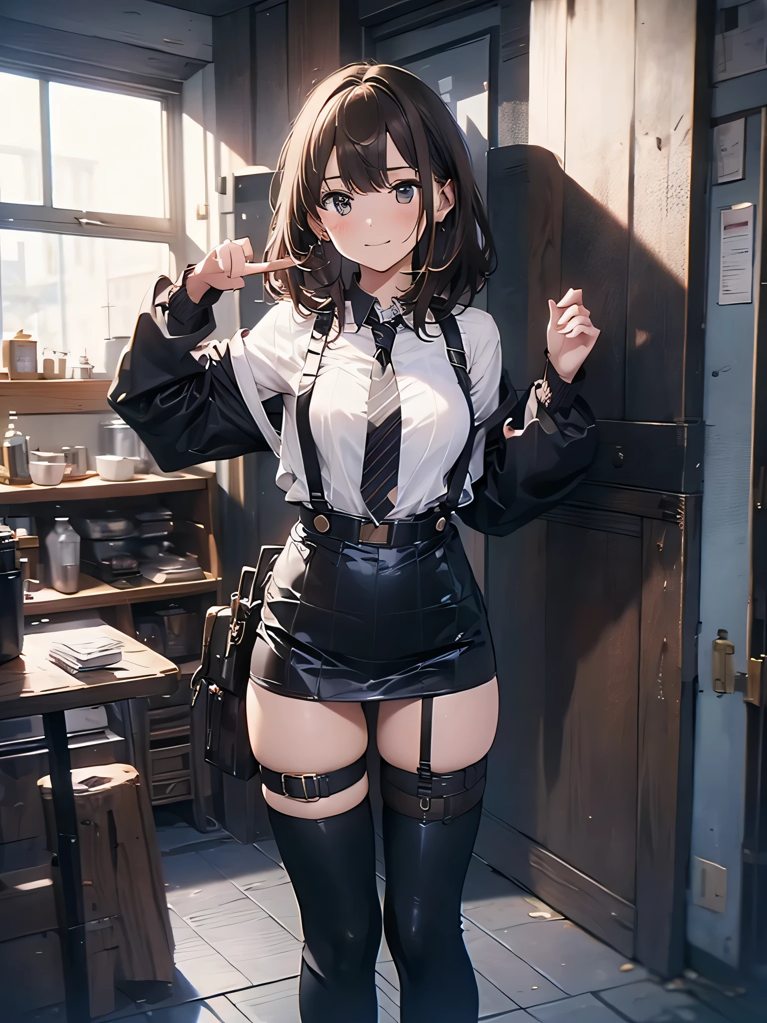 Brown hair、watching at viewers　　　black suspenders　　　bulging big tits　　 　 　　　walls: 　Black miniskirt　garters　　　　　　Gaze　　　a small face　bangss 　　　holster　　　Beautuful Women　　Hands up　　レッグholster ベッドに横たわる　　Gaze 　black boots panty shot　Provocation　flank　flank汗　Soio 　arm is tilted　Painful face