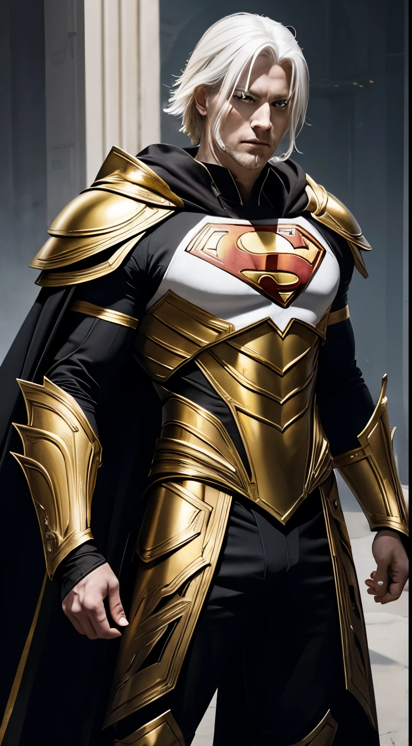 A white-haired warrior man with yellow eyes wearing black and gold Superman armor