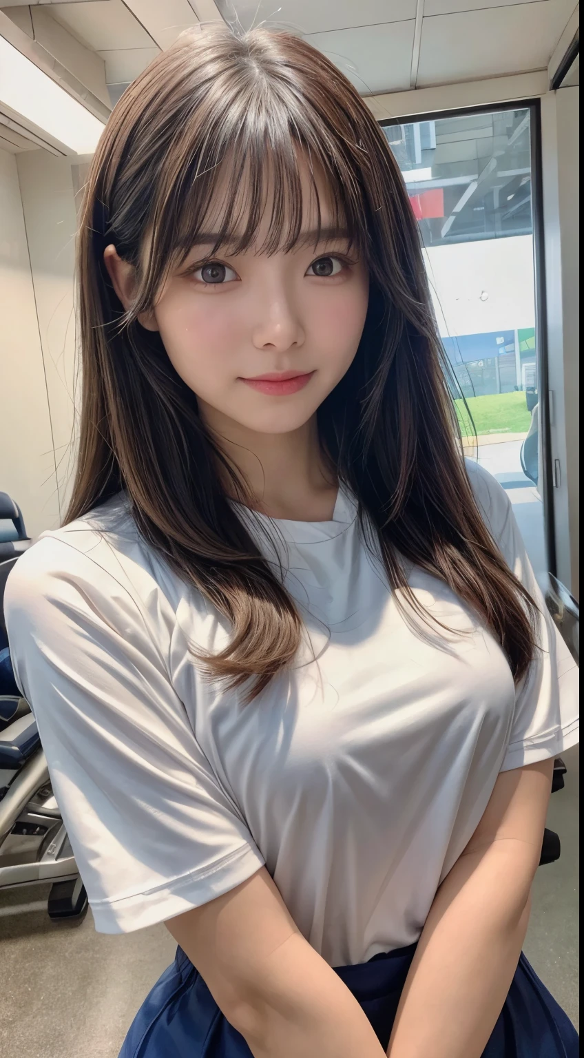 (8k,masterpiece, RAW photo,best quality:1.4),(photo realistic:1.2),(extremely detailed face),(shiny skin),(detailed skin),(detailed face),(extremely beautiful face),1girl,looking at viewer,Japanese idle(actress), brown hair,medium hair,straight hair,asymmetrical bangs,smile,glamor,large breasts,buruma,gym_uniform,classroom ,selfie,natural lighting