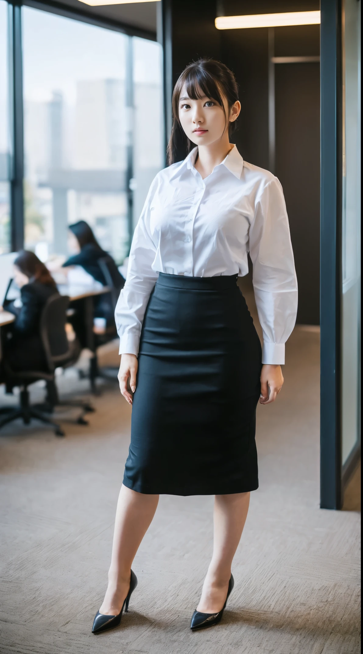 (masutepiece,High quality:1.3),(depth of fields:1.3) ,((front body:1.35)), Japanese ,woman, (Women's business black suits black midi skirt ,White collared shirt:1.2),Huge breasts,(Looking at Viewer:1.3),(full body:1.2),(Placing hand on knee:1.2) Inside the office by the window