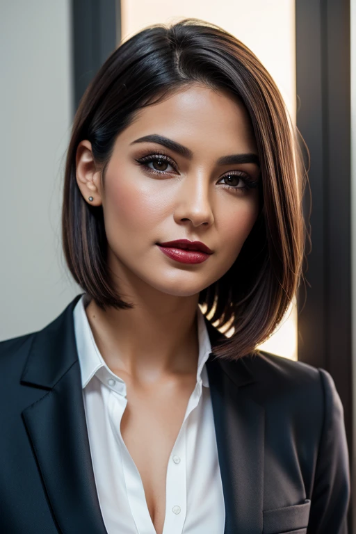 create a hyper realistic vertical photo of most attractive happy woman in her 30s, white skin, in blue rich business suit extra big chest, 36D, Lob (long bob) brown hair, trending on artstation, portrait, digital art, modern, sleek, highly detailed, formal, determined, CEO, colorized, smooth, charming, pretty, soft smile, dark red lipstick, soft lips, black eyes