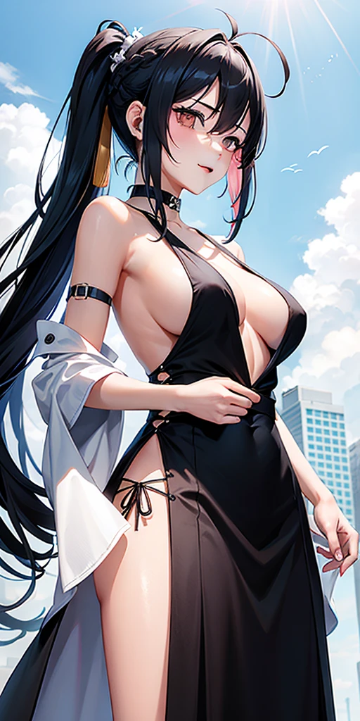 Side slit long skirt，Cai Fuwa，ahoge，bshoulders，黑色mittlack color hair，肘部mittloating hair，mitts，hair adornments，long whitr hair，orange eyeteriors，部分无指mitts，无袖，sleeveless shirts，V-shapped eyebrowtra-long hair，skinny pantrunette color hair，pony tails，O cabelo multicolorido，Striped hair，A futuristic，cyber punk perssonage，sakifuwa，white colors，
jewely， on the chest，ssee-through， looking at viewert， hair adornments， choker necklace， is shy， ssmile， is shy，
（tmasterpiece，quality，最佳quality，offcial art，Beauty and aesthetics：1.2），（1个Giant Breast Girl），extremedetailed，rich colourful，highest details，
（：1.2，）The upper part of the body，from below，
城市，the street， suns， Clouds，