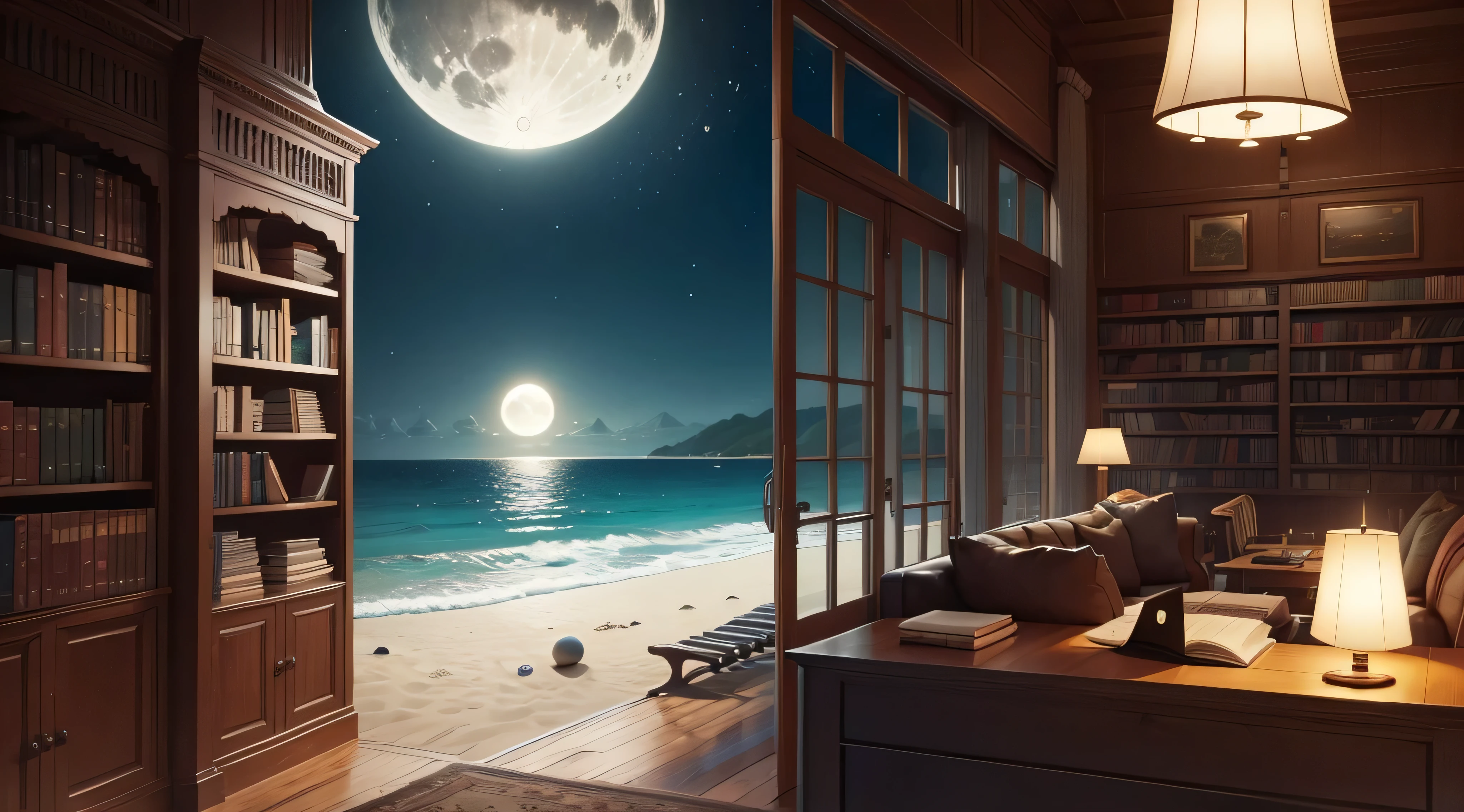 library with moon and beach