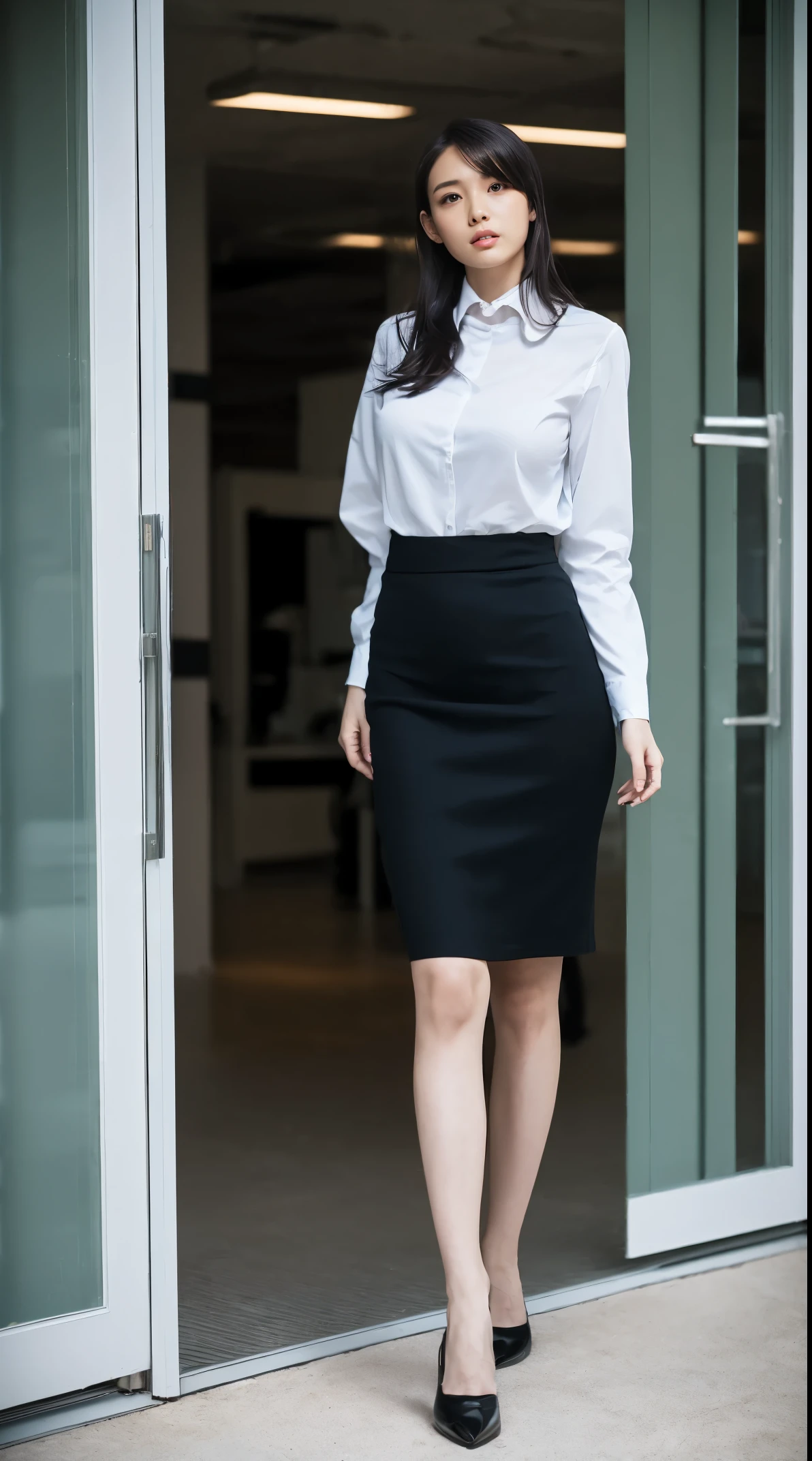 (masutepiece,High quality:1.3),(depth of fields:1.3) ,((front body:1.35)),  Japanese ,woman, (Women's business black suits black midi skirt ,White collared shirt:1.2),Huge breasts,(Looking at Viewer:1.3),(full body:1.2),Inside the office by the window