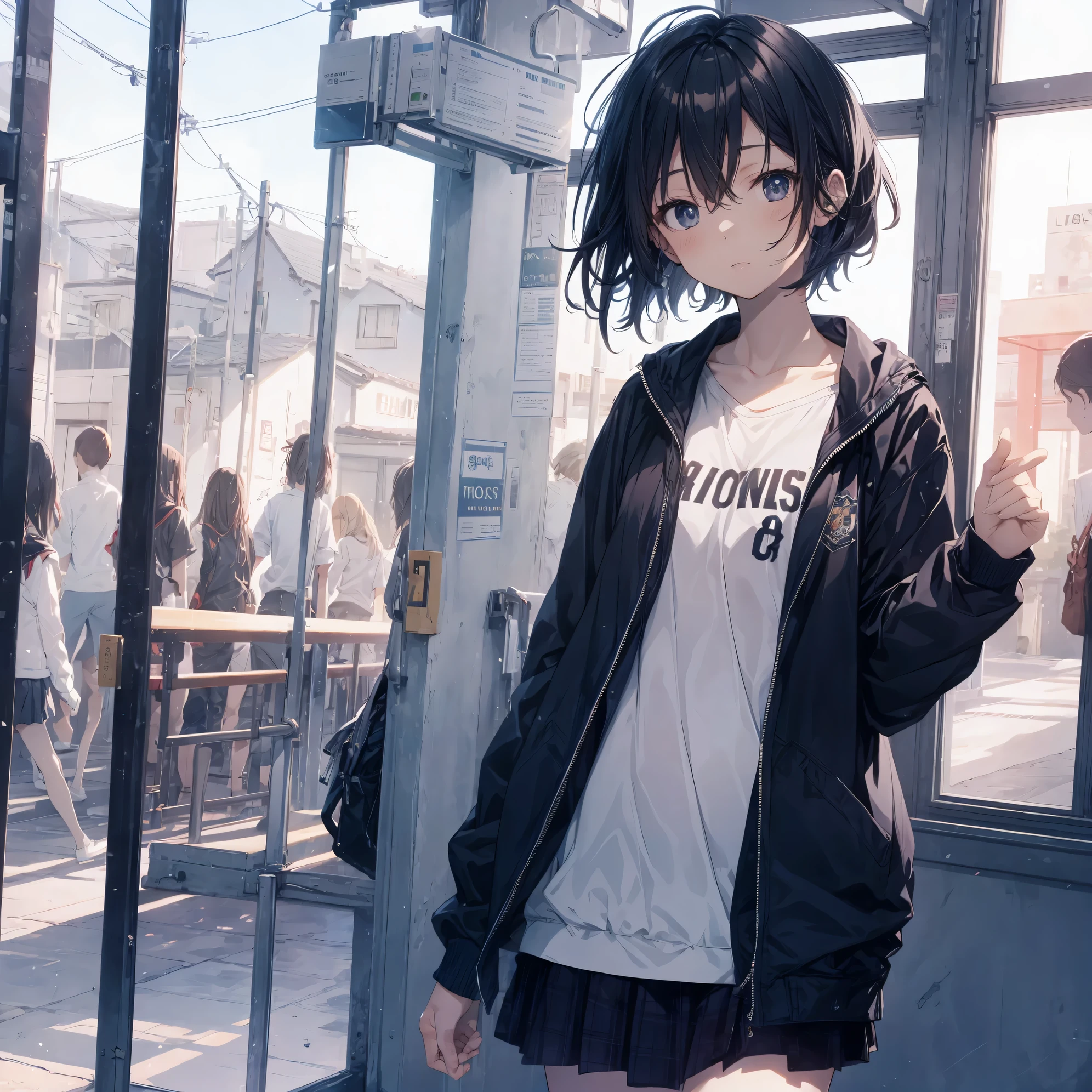 Super high quality by the art god, Ultra-detailed, High resolution, anime moe art style, best anime 8K konachan wallpaper, Pixiv Contest Winner, Perfect Anatomy, BREAK,(Draw a girl sleepily walking to school. ),BREAK, 1girl in, (Solo,Lori,,13yea:1.3),Full limbs, complete fingers,a junior gynous attraction, (Very short hair), Sleeping hair, hair messy, flat chest, Small butt, groin, Small eyes,Beautiful detailed black eyes, Well-proportioned iris and pupils, disgusted eye, High resolution detailed hair, School uniform, Skirt, On the way to school. BREAK,Ultra-detailed細なスキン, Best lighting by famous artists, 8K, Illustration,