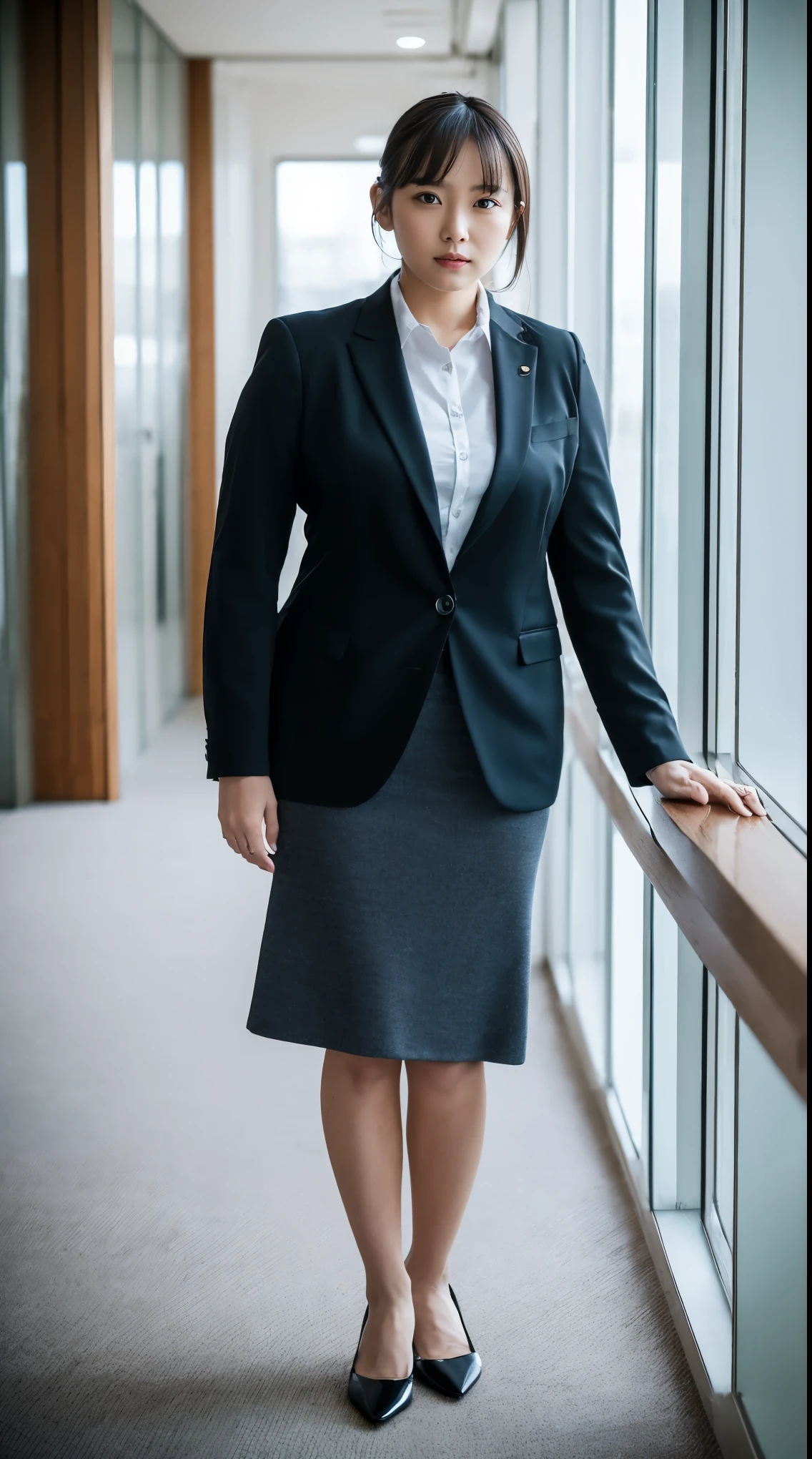 (masutepiece,High quality:1.3),(depth of fields:1.3) ,((front body:1.35)), Japanese ,woman, (Women's business black suits black midi skirt ,White collared shirt:1.2),Huge breasts,(Looking at Viewer:1.3),(full body:1.2),Inside the office by the window