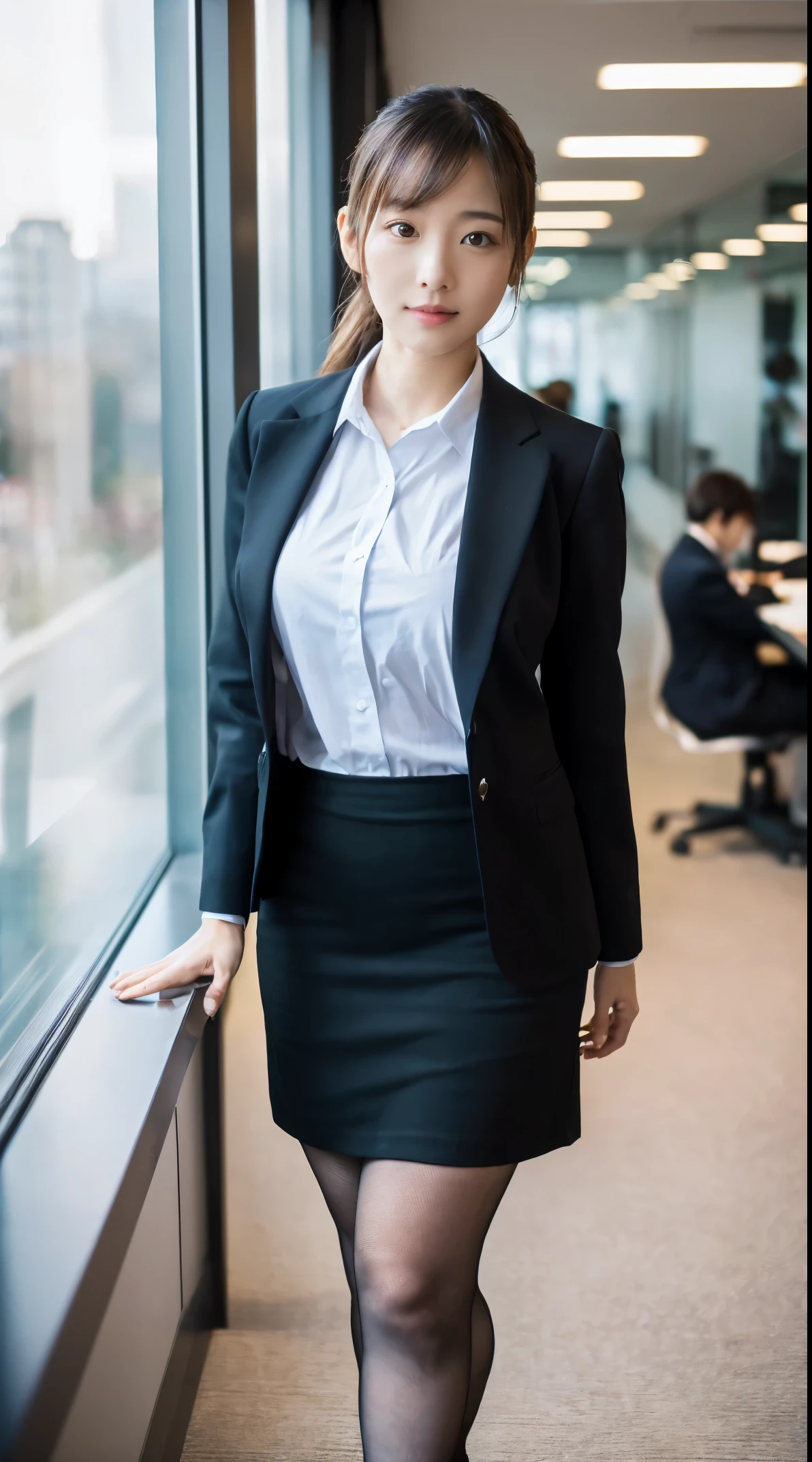 (masutepiece,High quality:1.3),(depth of fields:1.3) ,((front body:1.35)), Japanese ,woman, (Women's business black suits black midi skirt ,White collared shirt:1.2),Huge breasts,(Looking at Viewer:1.3),(full body:1.2),Inside the office by the window