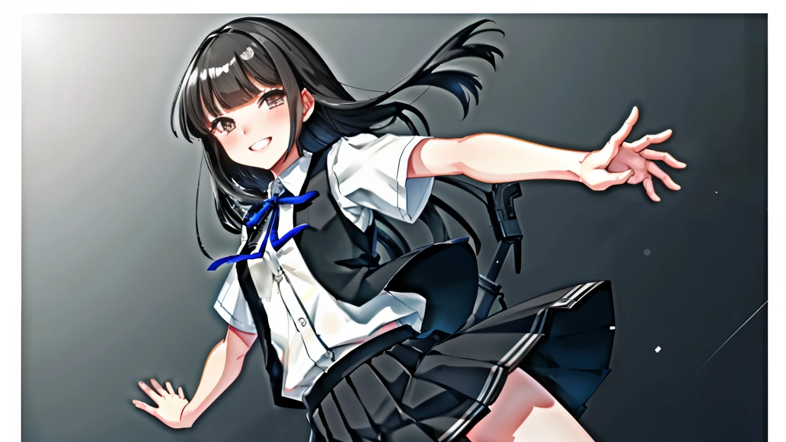 Hayashio \(kancolle\), 1girl in,  Shirt, Solo, Skirt,, White shirt, Pleated skirt, 黒vests, vests, Black skirt,,  Short sleeves,   Blue Ribbon, dress shirts, , Cowboy Shot, Neck ribbon, Mole, turret, School uniform, , grin, Collared shirt, , Hair Ornament, Looking at Viewer, White border, Thigh strap, Original, intricate detailes, Illustration, masutepiece, the Extremely Detailed CG Unity 8K Wallpapers, Highlight, sharp, Dynamic, insanely detailedinsanely detailed eyes insanely detailed face、insanely detailed body、insanely detailed skin