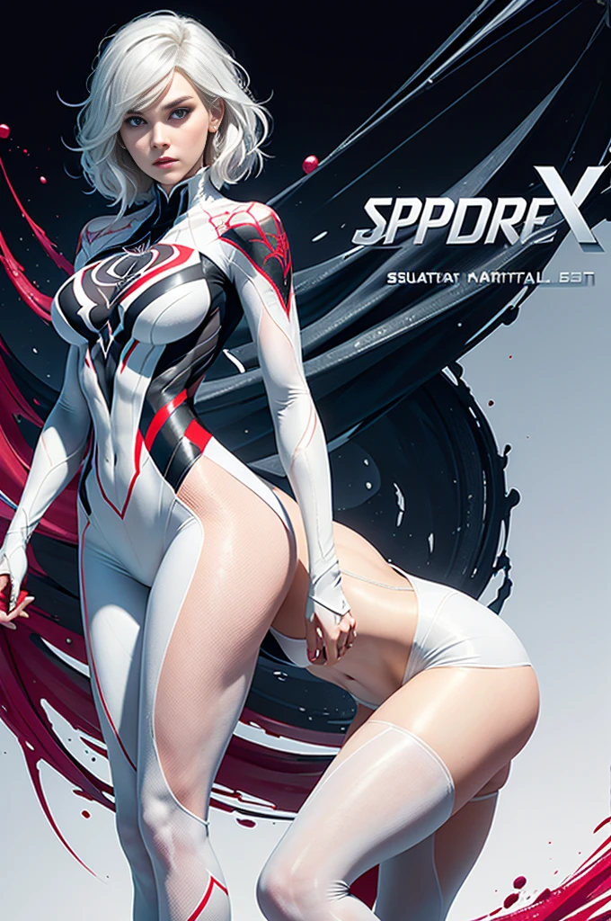 spider gwen, Hot, partial , hightquality, Dynamic Poses, Beautiful, Gorgeous, In love, White hair, Short suit, spider in a suit, white black red suit、Elisha Cuthbert