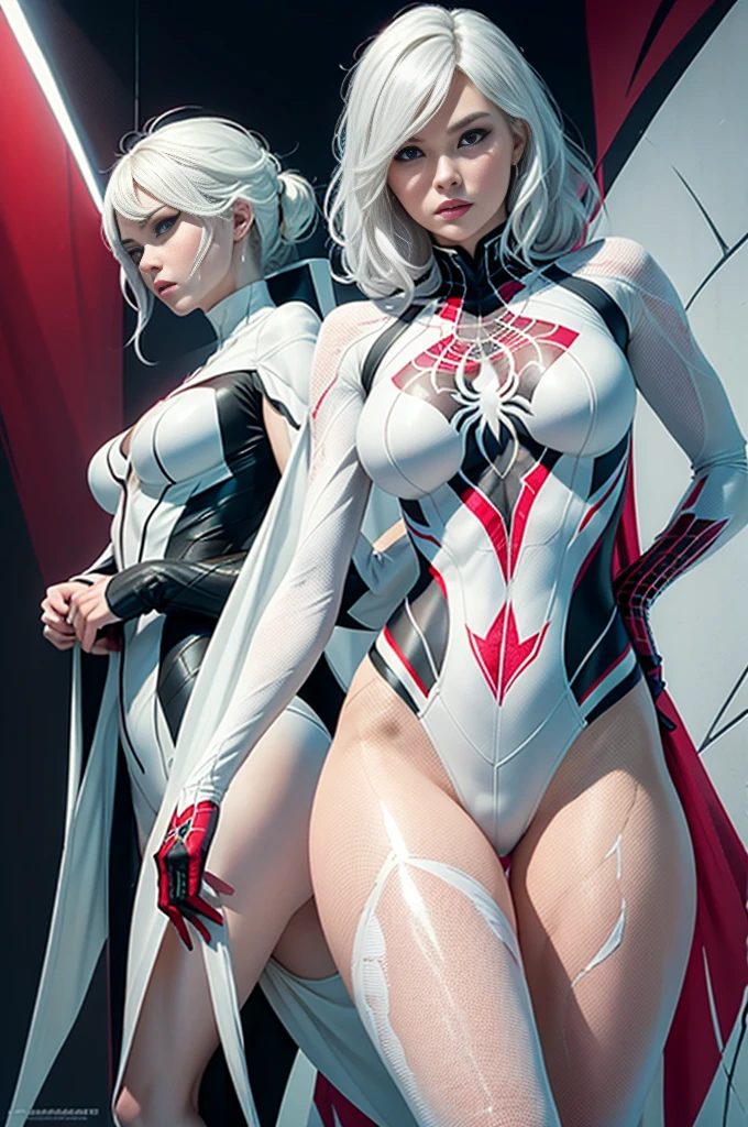spider gwen, Hot, partial , hightquality, Dynamic Poses, Beautiful, Gorgeous, In love, White hair, Short suit, spider in a suit, white black red suit、Elisha Cuthbert