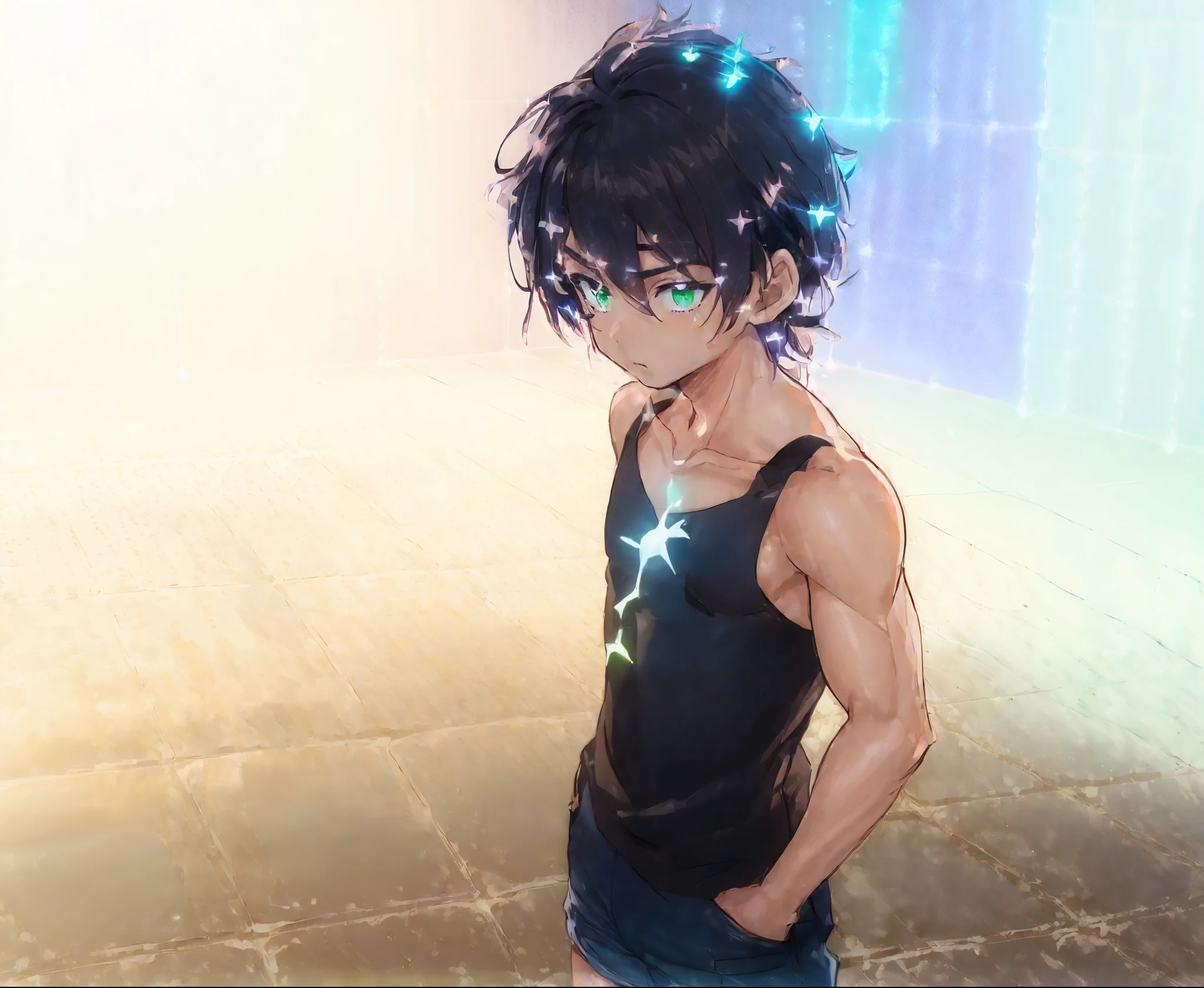 レッドの髪のアニメのmale child, male child, Classic Boy, wearing denim shorts, male child, Shonen romance, 公式fanart, ポニーテール髪の短い赤髪のmale child, Muscular men, masculine and muscular, (((((((no glow))))))), fanart, garments:Black tank top, Anime!!!!, solo, Hymns to the King as a Prince,