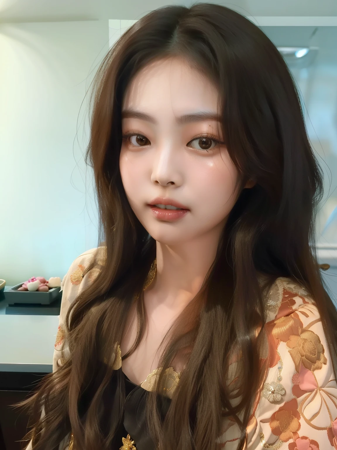 there is a woman with long hair posing for a picture, beautiful south Mulher coreana, maquiagem sul-coreana popular, menina coreana, maquiagem coreana popular, young adorable korean face, gorgeous young Mulher coreana, beautiful young Mulher coreana, Ulzzang, wan adorable korean face, Mulher coreana, korean face features, beautiful aesthetic face, com rosto redondo, young cute wan asian face