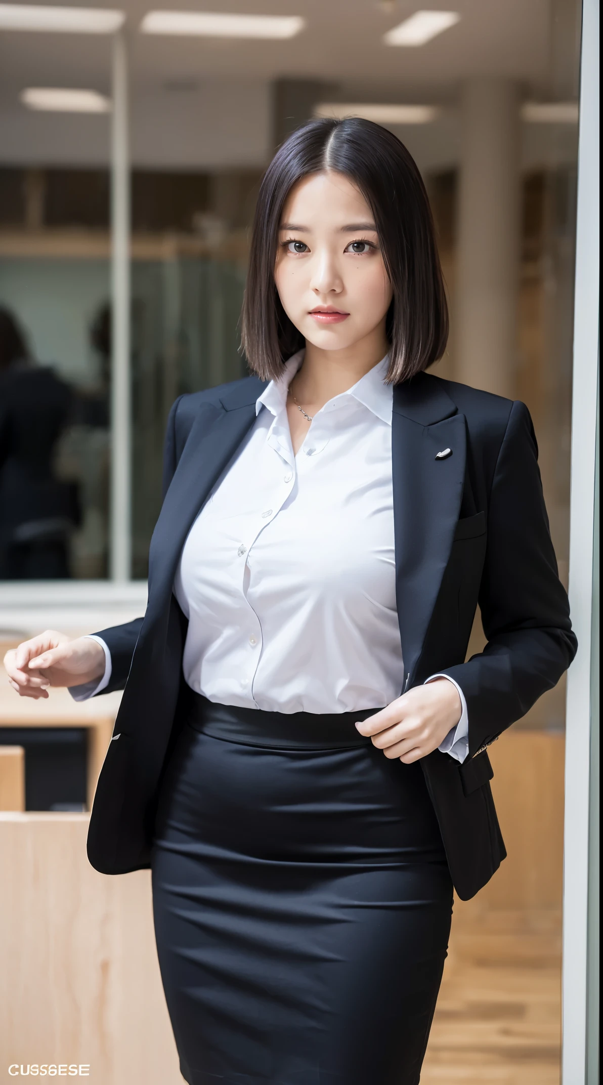 (masutepiece,High quality:1.3),(depth of fields:1.3) ,((front body:1.35)), Japanese ,woman, (Women's business black suits black midi skirt ,White collared shirt:1.2),Huge breasts, thicc, curvy,(Looking at Viewer:1.3),(full body:1.2), Inside the office by the window