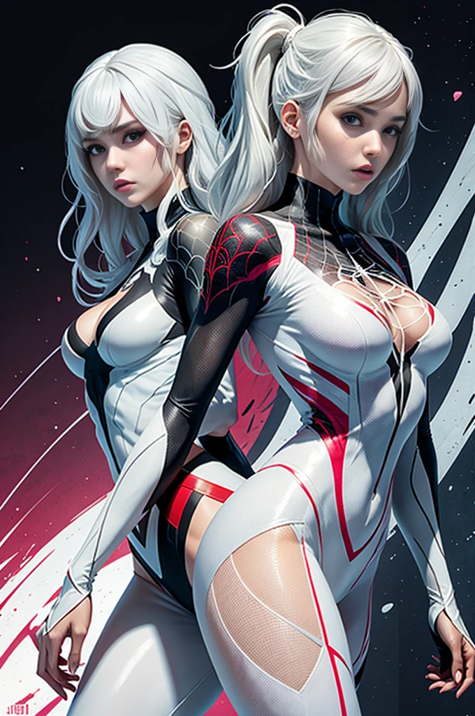 spider gwen, Hot, partial , hightquality, Dynamic Poses, Beautiful, Gorgeous, In love, White hair, Short suit, spider in a suit, white black red suit、Jessica Alba