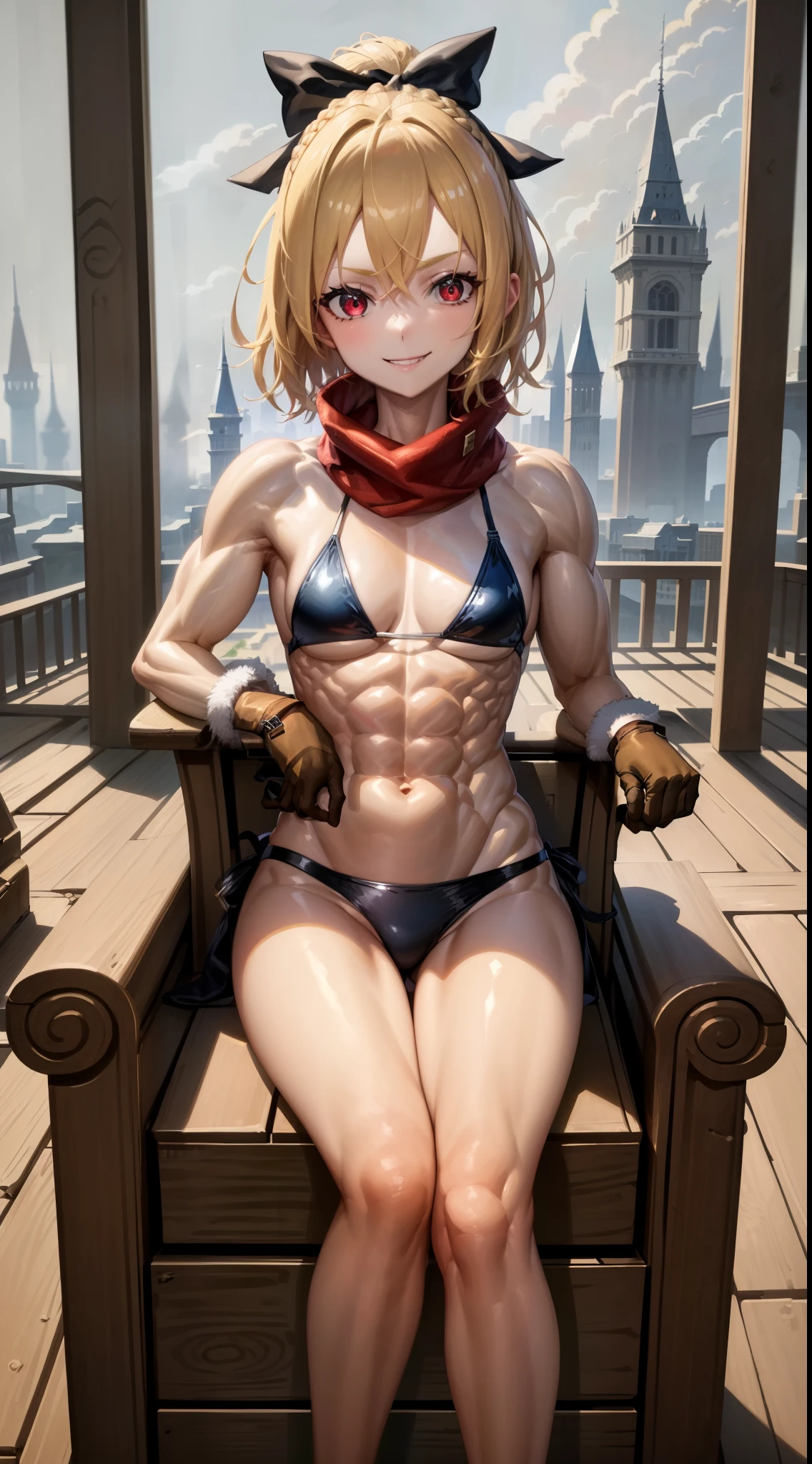 best quality, 4k, ((masterpiece)), extremely detailed, 8k, trending in ArtStation, intricate, high detail, sharp focus, detailed background, (fantasy city: 1.4), roof, 1girl, solo, navel, semi , (blond hair), red eyes, hair bow, red scarf, braid, short hair, small breaanding, looking at viewer, smile, blonde hair, black bow, {{{very short and sexy bikini}, gloves, brown gloves, (muscular legs), (sitting on the chair facing me with her legs crossed)
