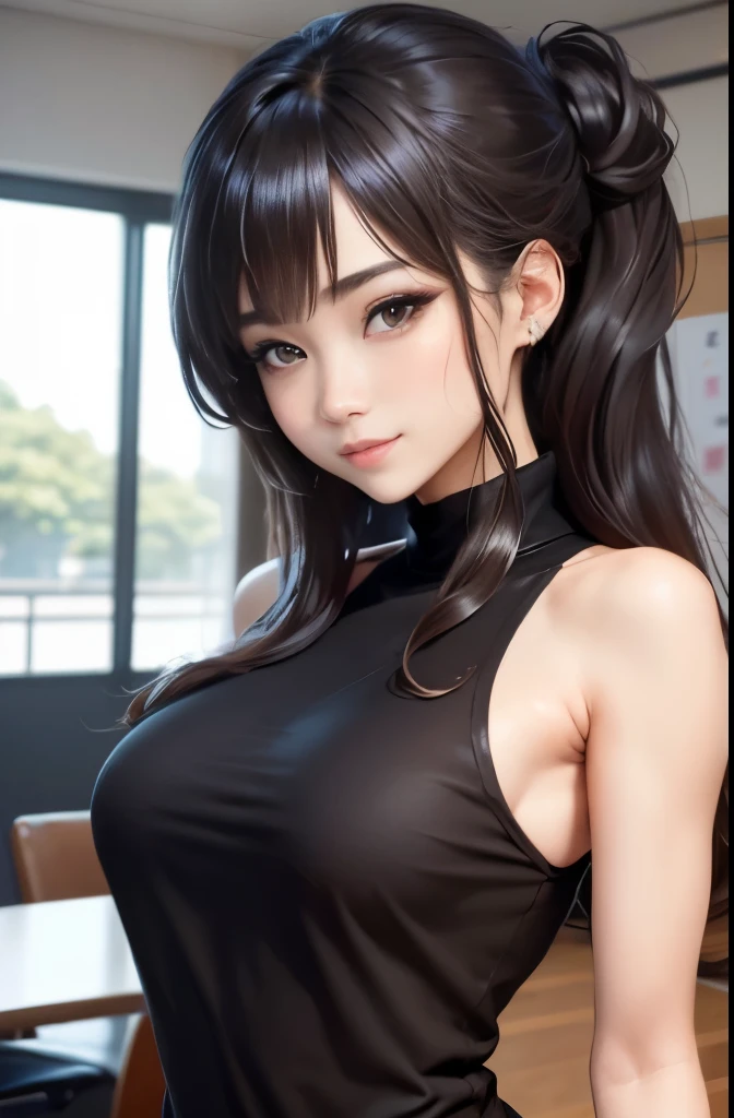 put your hair up、Kamimei、Sleeveless、Thin knit clothes that cover up to the neck、tits out、card strap、One-person viewpoint、s Office、adorable smiling、(top-quality、8K picture quality、​masterpiece:1.4),(extremely detailed and beautiful face) 、(Highly detailed and expressive eyes), （shiny and beautiful hair）、Upper body view、A dark-haired、ty、