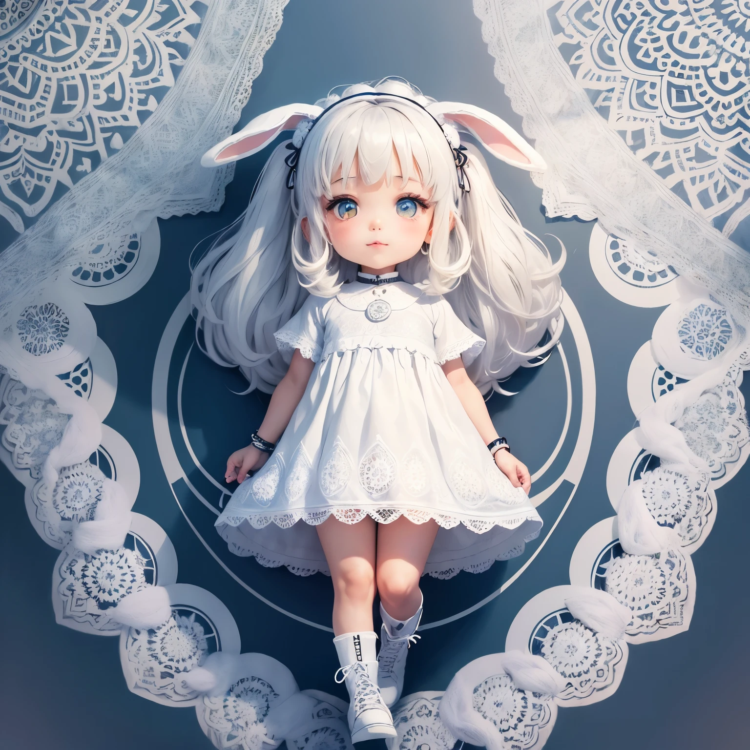 ​masterpiece、top-quality、ultra-detailliert、(Chibi Chara's Daughter:1.3), (white theme:1.3), (white mandala pattern wool muumuu:1.5), (rabbit ears:1.3), (white sneaker:1.3), (silver accessories and bracelets:1.2), (white mandala background:1.4), (fog, mist:1.6),a smile,(white mandala pattern wool lace-up boots:1.2)