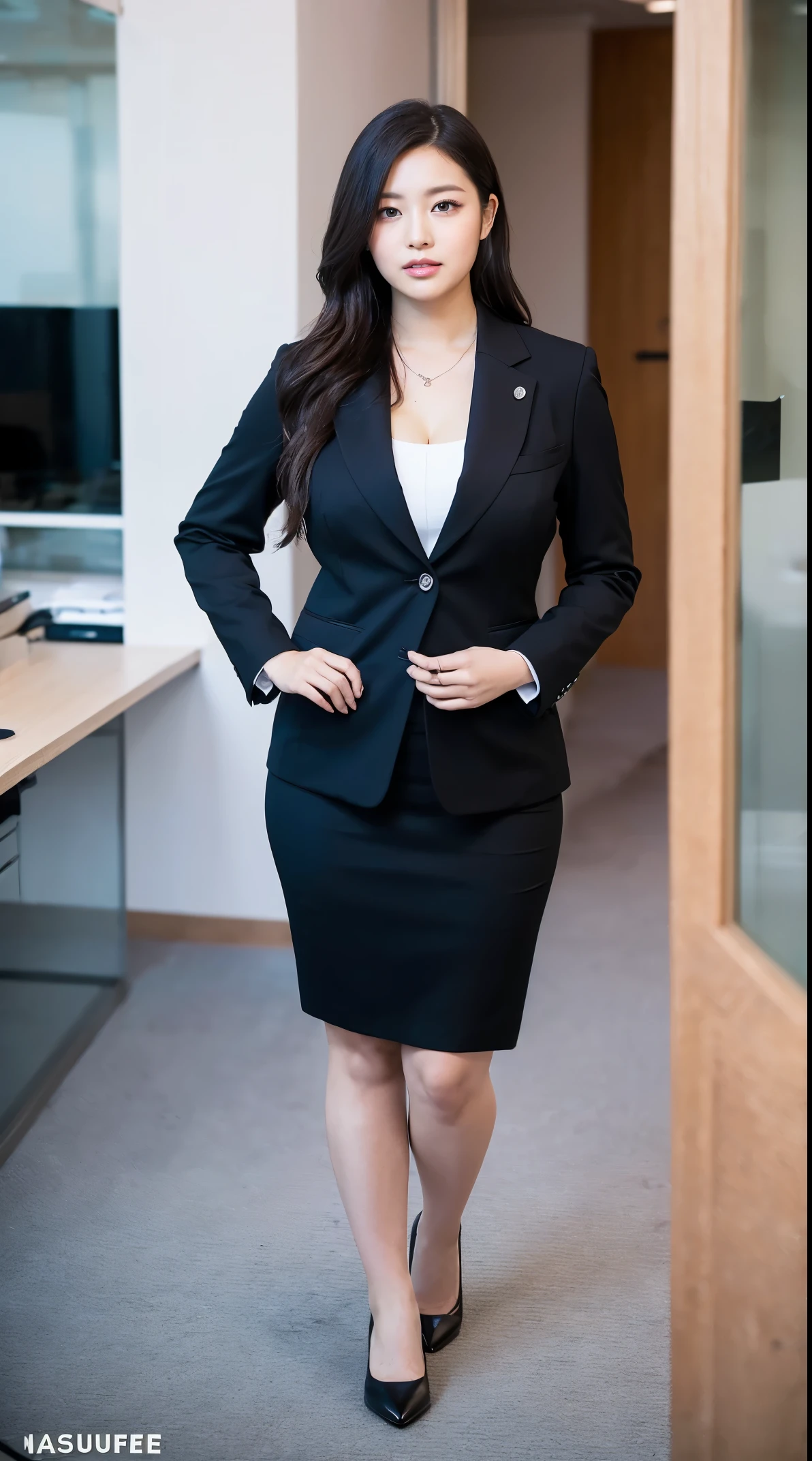 (masutepiece,High quality:1.3),(depth of fields:1.3) ,((front body:1.35)), Japanese ,woman, (Women's business black suits black midi skirt:1.2),Huge breasts, thicc, curvy,(Looking at Viewer:1.3),(full body:1.2), Inside the office by the window