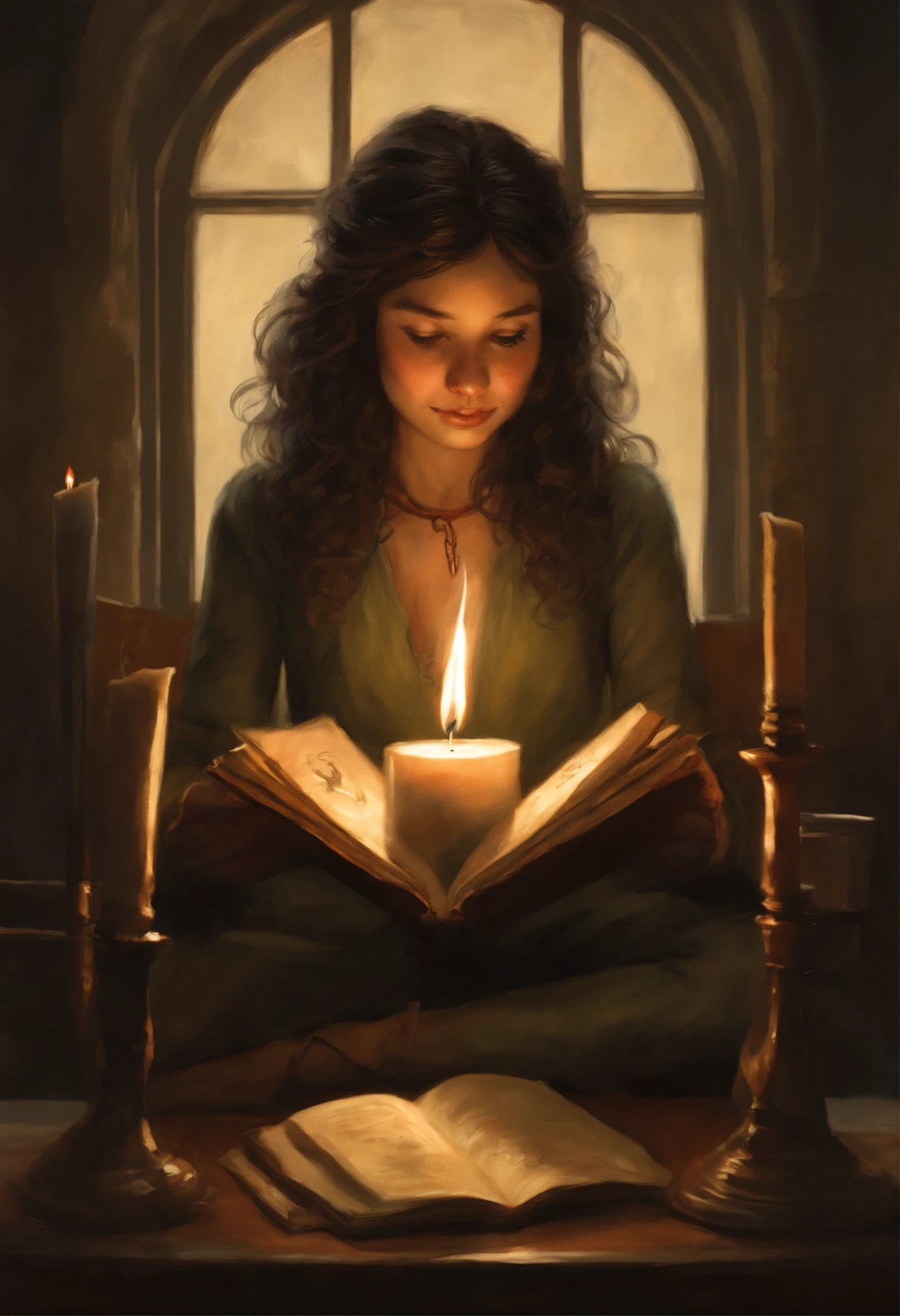 真实感, a painting, Fantastic tale, Christmas style, Small painting by Jean-Baptiste Monge ,A girl (anatomically correct drawn body) sits on a chair and reads a mantra with a lit candle, Art style of charli bowater, by candlelight, rob rey, Neoartcore and charli bowater, charli bowater character art, charli bowater rich deep colors, charli bowater, mantra burns with fire, candlelight, Candle lighting, candle lit, nightlight study, loish art style, Jean-Baptiste Monge, anthropomorphic --ar 2:3 --testp -optimistic; Straight hair