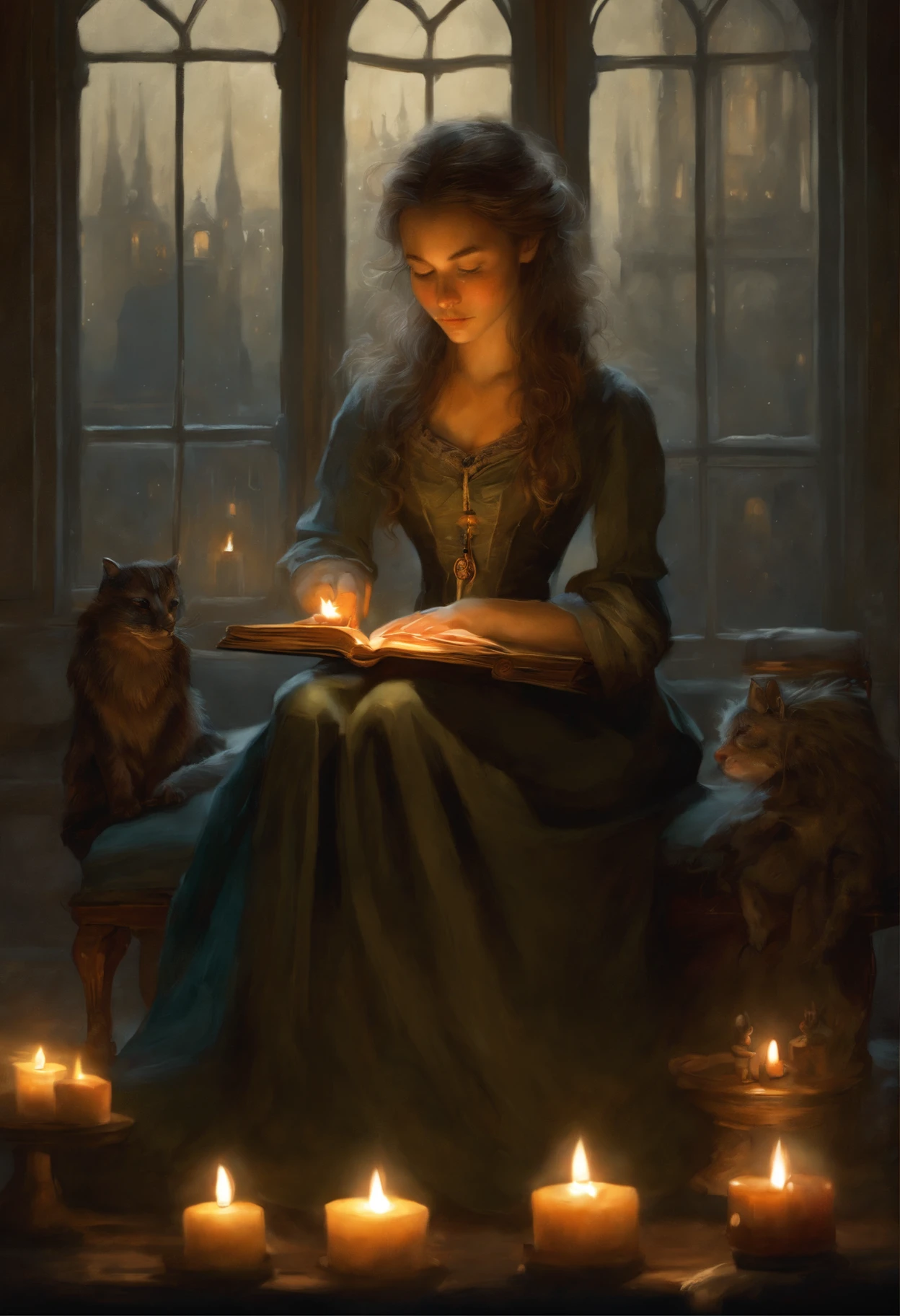 真实感, a painting, Fantastic tale, Christmas style, Small painting by Jean-Baptiste Monge ,A girl (anatomically correct drawn body) sits on a chair and reads a mantra with a lit candle, Art style of charli bowater, by candlelight, rob rey, Neoartcore and charli bowater, charli bowater character art, charli bowater rich deep colors, charli bowater, mantra burns with fire, candlelight, Candle lighting, candle lit, nightlight study, loish art style, Jean-Baptiste Monge, anthropomorphic --ar 2:3 --testp -optimistic; Straight hair