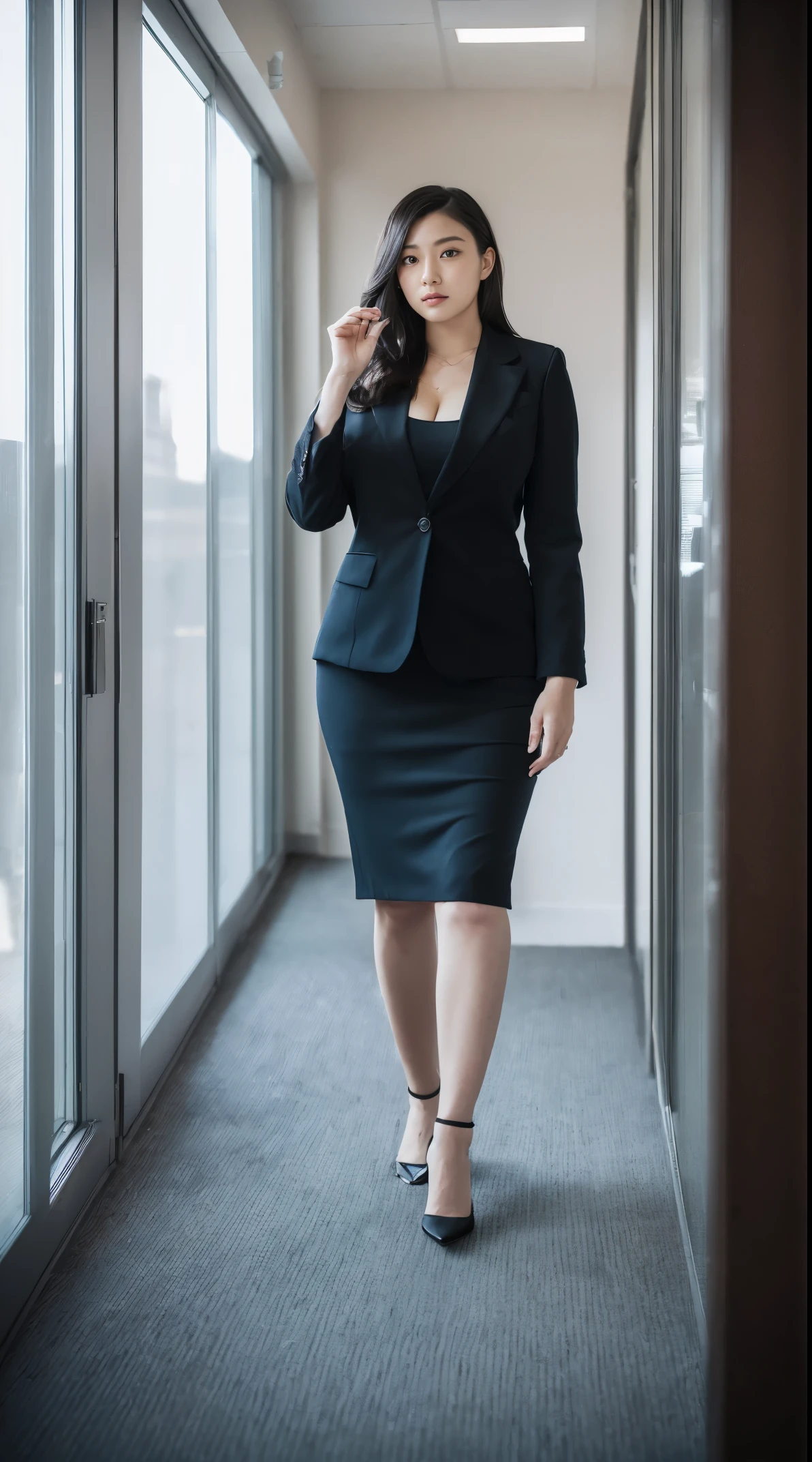 (masutepiece,High quality:1.3),(depth of fields:1.3) ,((front body:1.35)),  Japanese ,woman, (Women's business black suits black midi skirt:1.2),Huge breasts, Huge breasts, thicc, curvy,(Looking at Viewer:1.3),(full body:1.2),Inside the office by the window