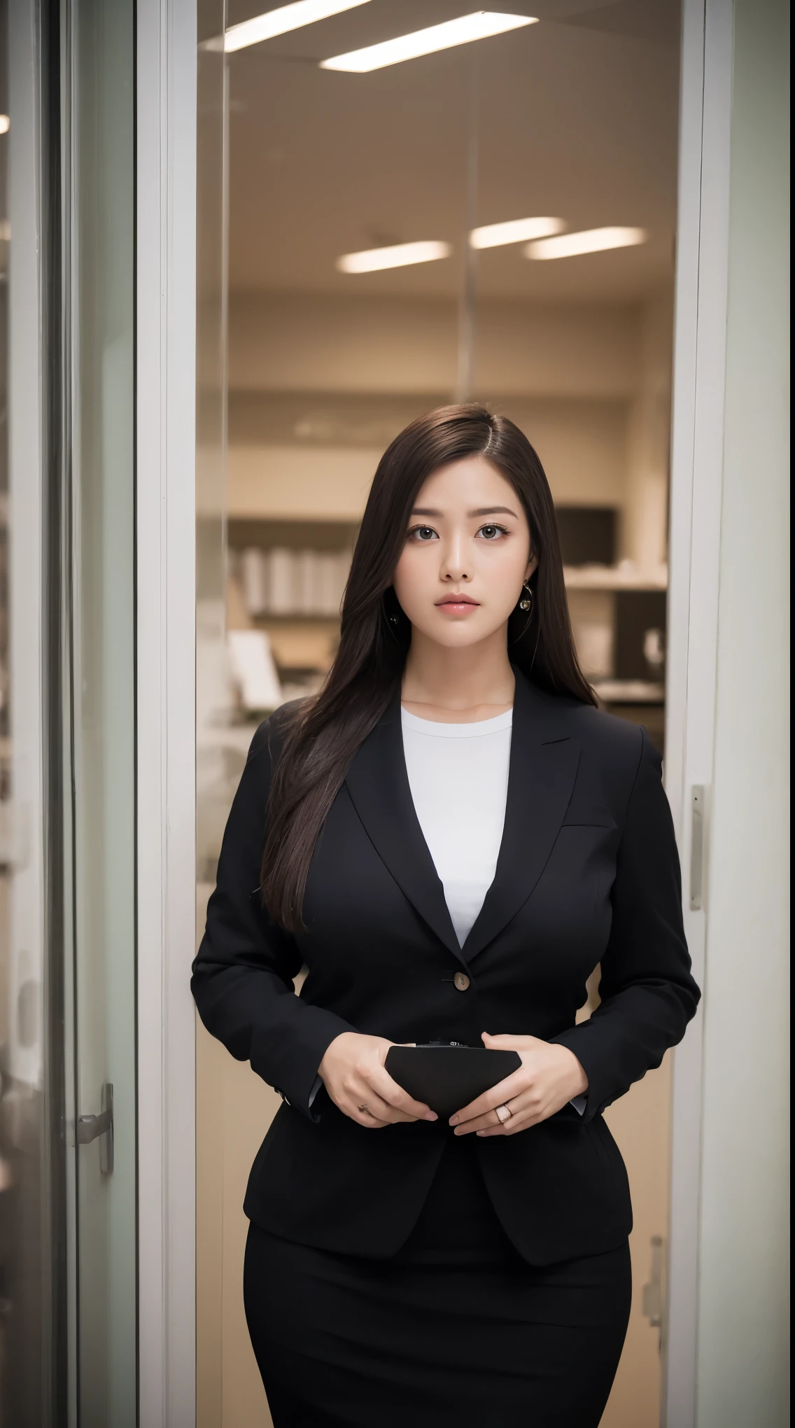(masutepiece,High quality:1.3),(depth of fields:1.3) ,((front body:1.35)),  Japanese ,woman, (Women's business black suits black midi skirt:1.2),Huge breasts, Huge breasts, thicc, curvy,(Looking at Viewer:1.3),(full body:1.2),Inside the office by the window