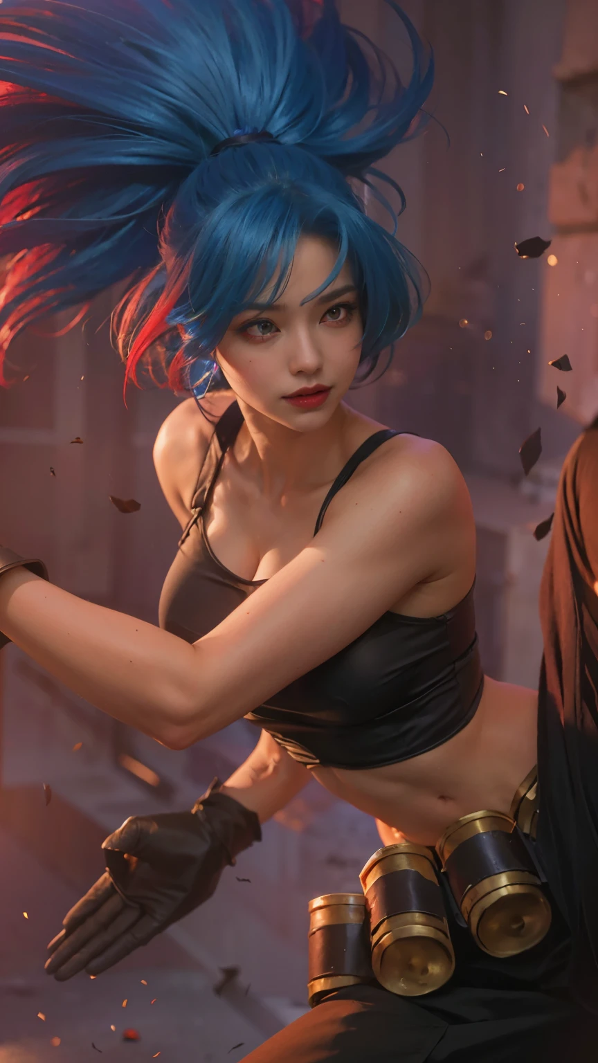 (female:1.2), 8k, ultra hd, ultra detailed texture, hyper realistic, masterpiece, detailed texture, detailed face, detailed skin, detailed lighting, (photorealistic:1.5), best quality, beautiful lighting, cinematic lighting, professional lighting, ultra highres, realistic, detailed hair, real hair, high quality, (realskin:1.5), extremely detailed, finely detail, ultra-detailed, 1girl, solo, elf, pointy ears, standing, demon horns, forehead protector, (red eyes:1.5), v-shapped eyebrow, lips, red lips, evil smile, nose, make up, pretty, beautiful, cute face, long hair, blue hair, high ponytail, large breasts, cleavage, armpit, navel, stomach, black armor, pauldrons, bare shoulders, shoulder armor, thigh high, sleevless, detached sleeves, breastplate, gauntlets, karina \(mobile legends\), depth of field, looking aways, white skin, skin tight, amazing pose, outdoors, glowing, dark view, blurry background