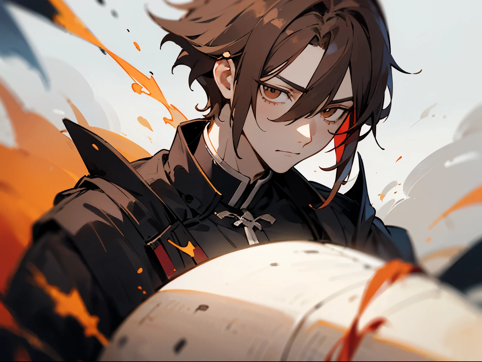 1人, Cold, neuter, strict, indifferent expression, prinz, straight brown hair, short detailed hair, strict, shallow eyes, noble, pale-skinned, dull colors, royal garb, 20 years, the face, Focus sharp, mature, Alone, male people, blurryforeground, 电影灯光