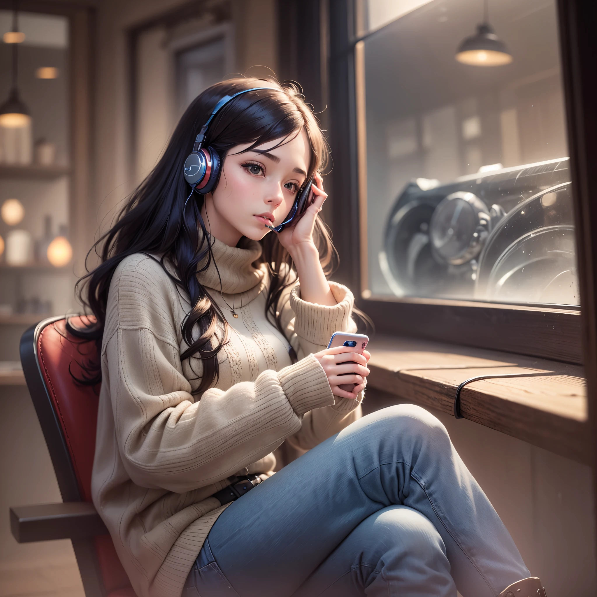 Image of the "LoFi LoVe" girl, with long brunette hair that is a little bit curly but mostly straight. She's depicted in a cozy coffee shop setting on a cold winter evening, wearing an elegant black sweater, stylish boots, and blue jeans, looking at her smartphone and listening to music through a headset. a relaxed winter atmosphere, “ --auto --s2