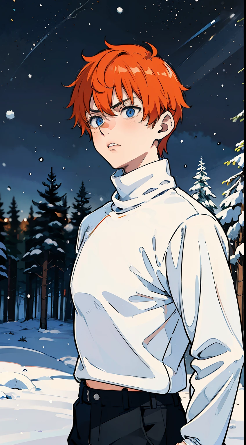 (1boy,teen,18 years old), orange hair, blue eyes,(black pants),(((white sweater,turtleneck))),(snow,snowing,night,in a forest,night),((angry face,separated lips)),cowboy shot,((running,from side,looking away))