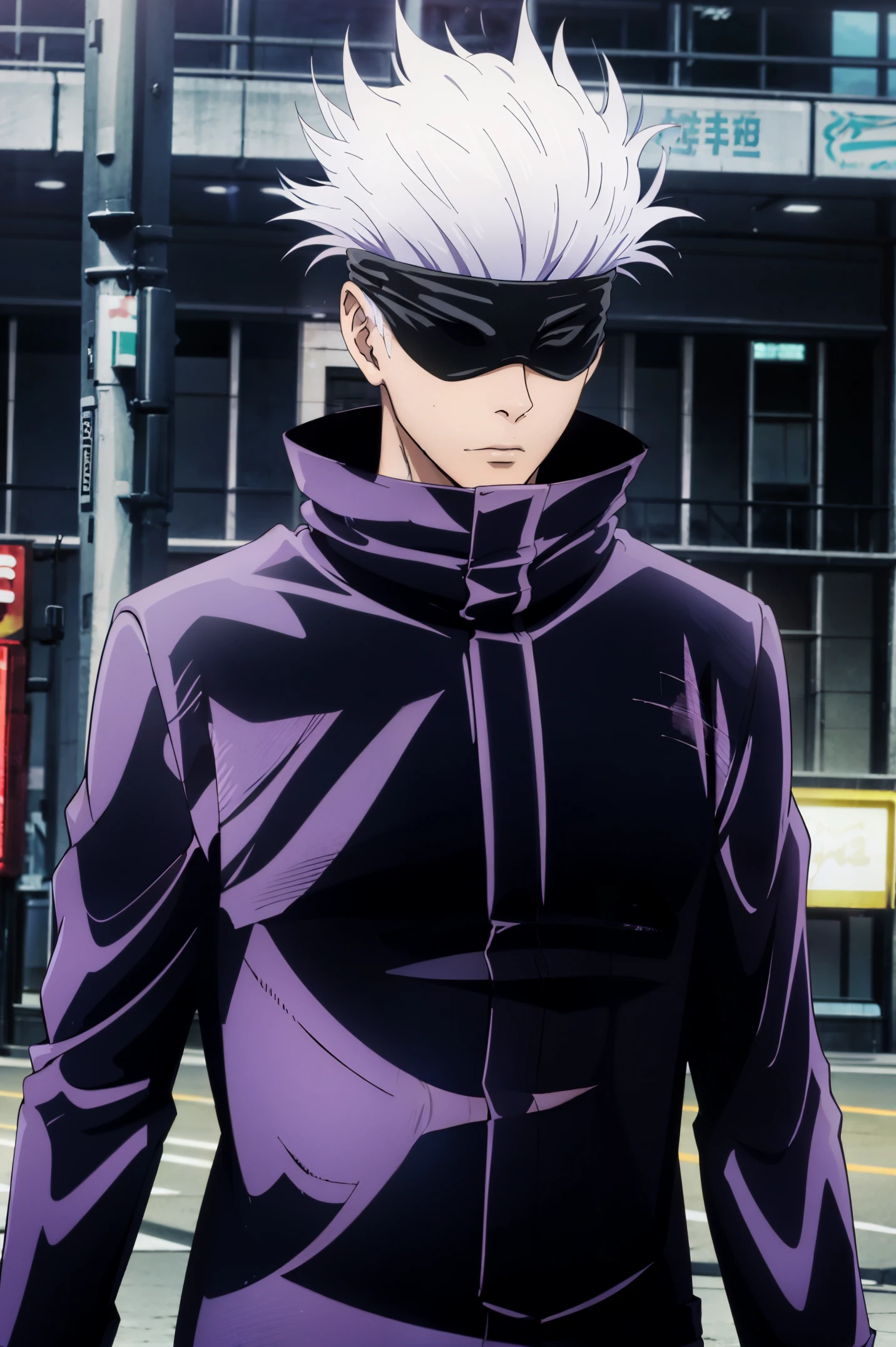 best quality, ultra high res, Gojo Satoru, Jujutsu Kaisen, looking at viewers, standing, white hair, spiked hair, black jacket, popped collar, outdoors, shibuya station, male focus, upper body, stylish_pose, blindfold, covered eyes, perfect hands,