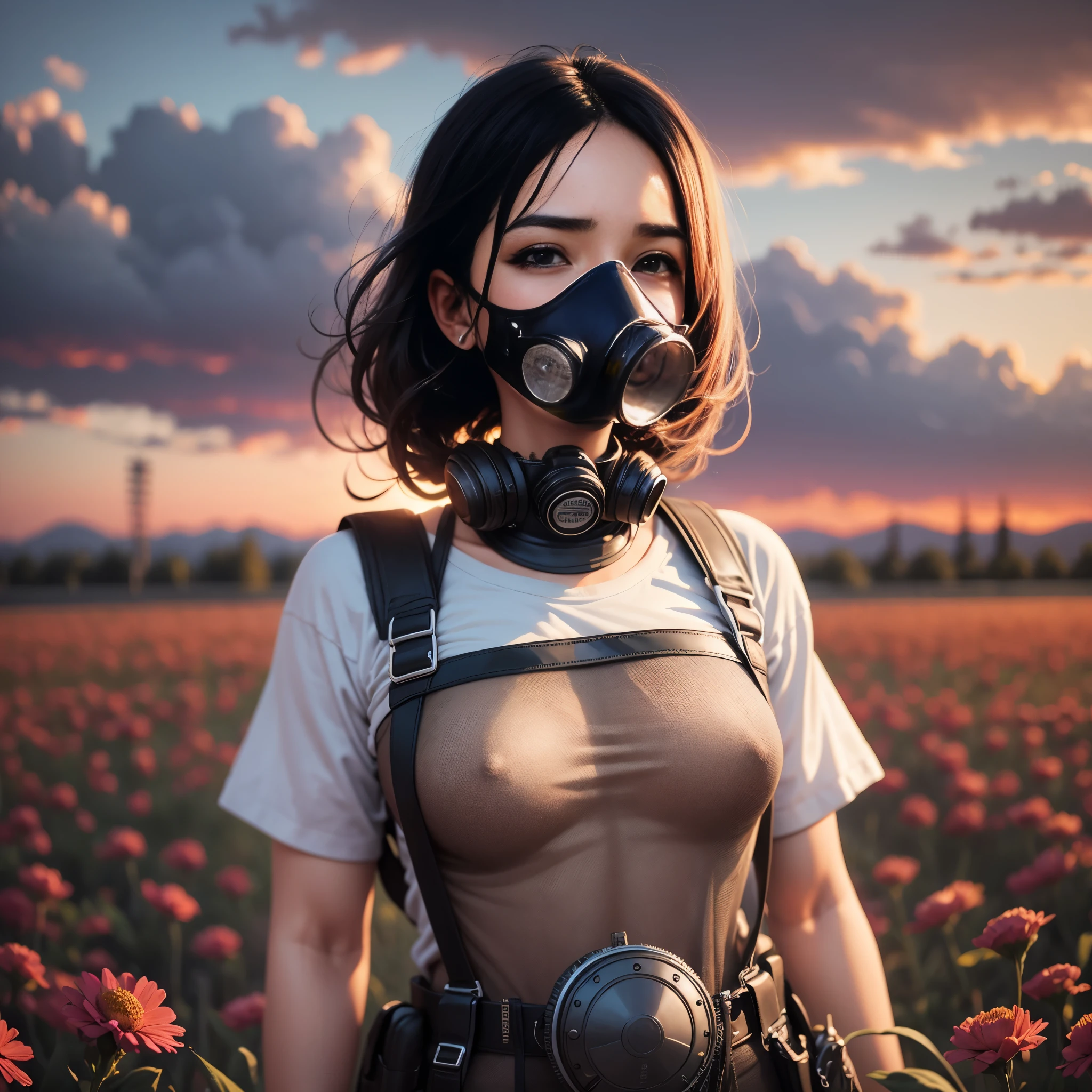 masterpiece, best quality, super realist image of woman wearing black t-shirt and gas mask in a withered flower field with radioactive sunset --auto --s2