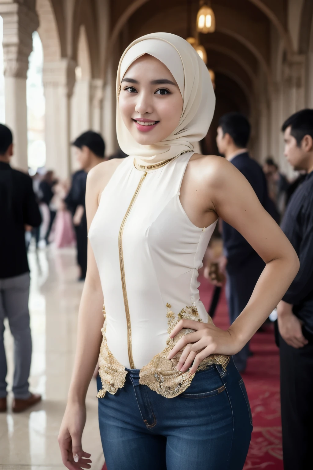 ((best quality)), ((masterpiece)), (detailed), perfect body, beatiful face, indonesian women hijab, kebaya, public place in mosque, crowd people, standing pose like model, photography, smile, laughing, sexy nude, without bra, jeans panties,