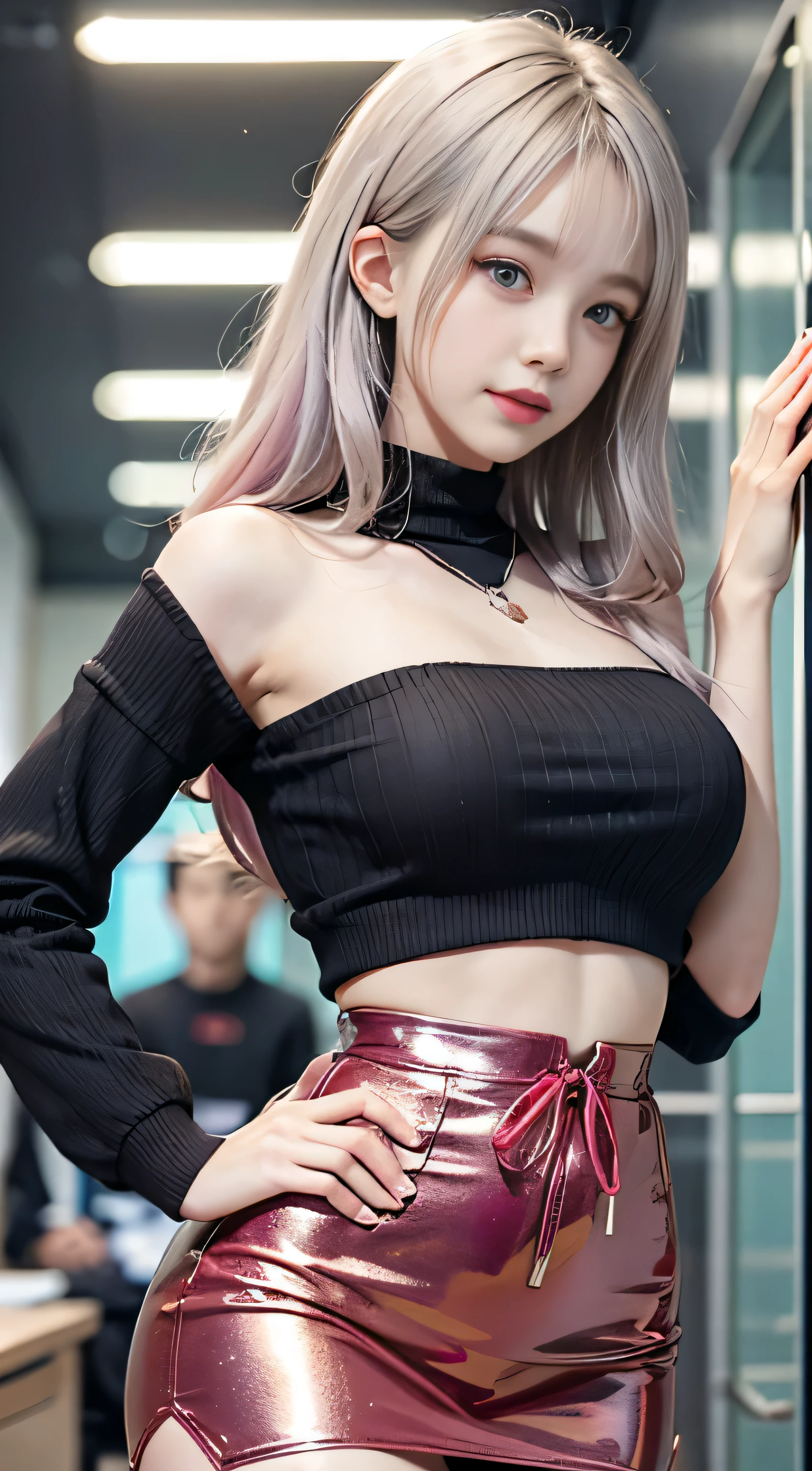 (Woman Standing In Office District)1 girl, Silver hair, striated hair, Bangs, Blunt bangs, Long hair, Pink hair, aqua eyes, longeyelashes, Purple eyes, makeup, Smile, Parted lips, Realism, Verism, surrealism, depth of fields, One-person viewpoint, F/1.8, 135 mm, canon, nffsw, retinas, masutepiece, ccurate, Anatomically correct, Textured skin, Super Detail, high details, High quality, Best Quality, hight resolution, 1080p, hard disk, 4K, 8K, (Coarse short sweater)chest hanging from shoulders、off shoulder tight skirt、