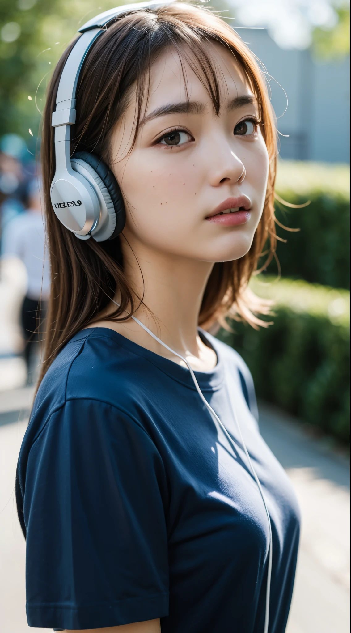 32k, best quality, masterpiece, realistic, ultra detail, photography, HDR, ROW photo, high res, absurd res, smoother light, official art, depth of field, brightening light, hearing music with headphones,
close-up, slender, finely detailed face, angry, beautiful details eyes, 19years old Korean, pretty, best quality real texture skin,
t-shirts,
