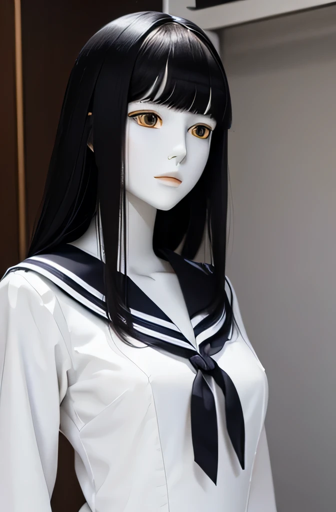 almost pure white mannequin(femele The color of the face is pure white Body color is pure white a sailor suit Black hair straight hair with bangs elongated face)